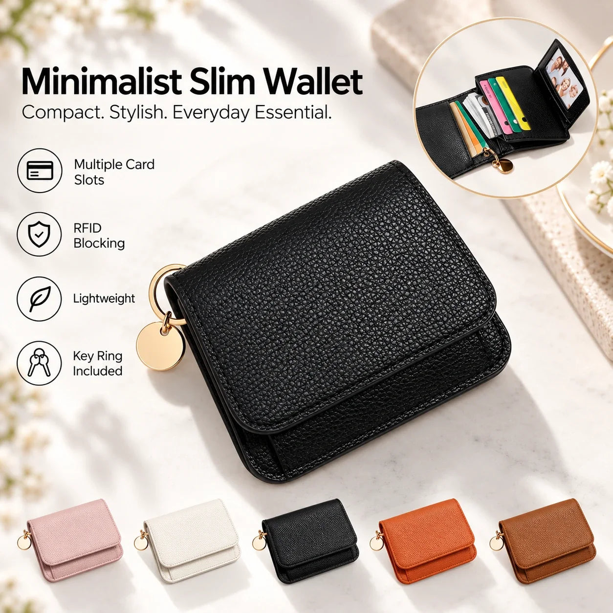 Slim wallet with attached key ring holding cards and keys together