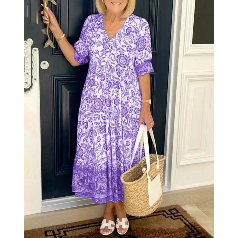 2024 New Large Size V-Neck Floral Dress