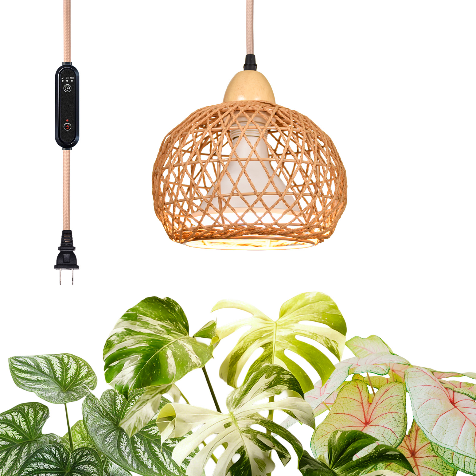 Bstrip 18W Full Spectrum Hanging Grow Light with Timer & Rattan Shade for Indoor Plants