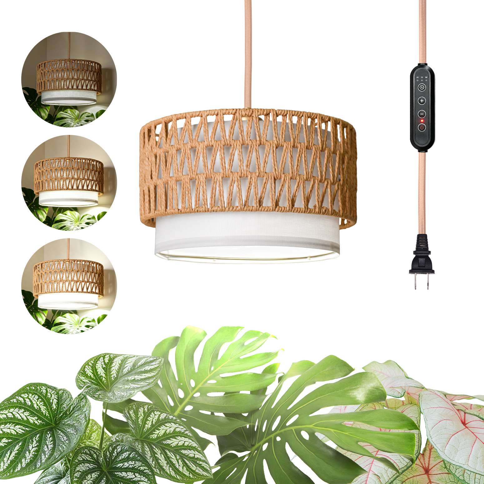 Bstrip H71 Boho Pendant Grow Light – Dimmable 18W Full Spectrum Lamp with Timer & Linen Shade for Indoor Plants