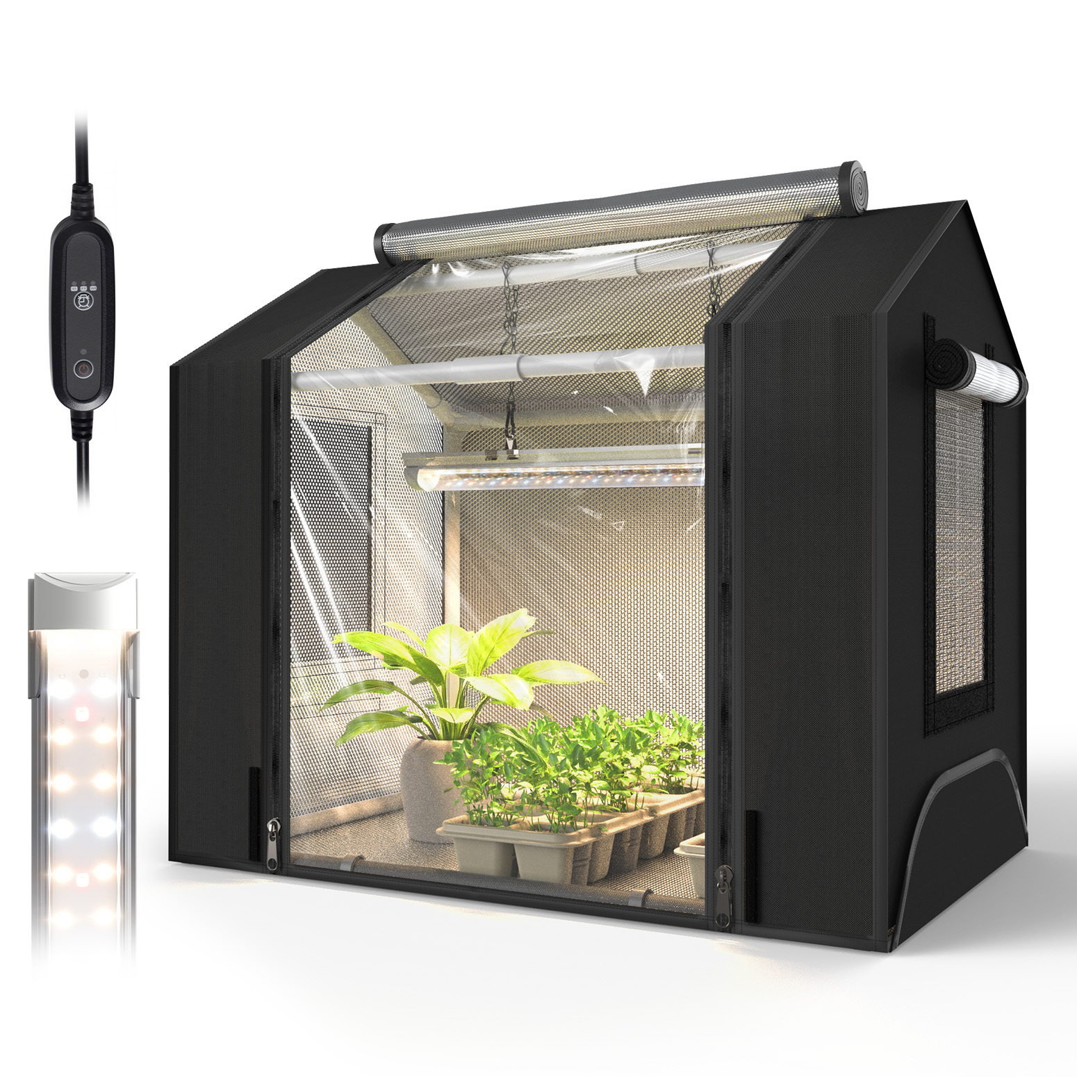 Bstrip Indoor Greenhouse with Grow Light, Mini Grow Tent with 18W Full Spectrum LED Light & Timer, Double-Layer Door Design with Oxford Fabric, Ventilation Windows for Seed Starting, 23.8"x15.7"x20.5"