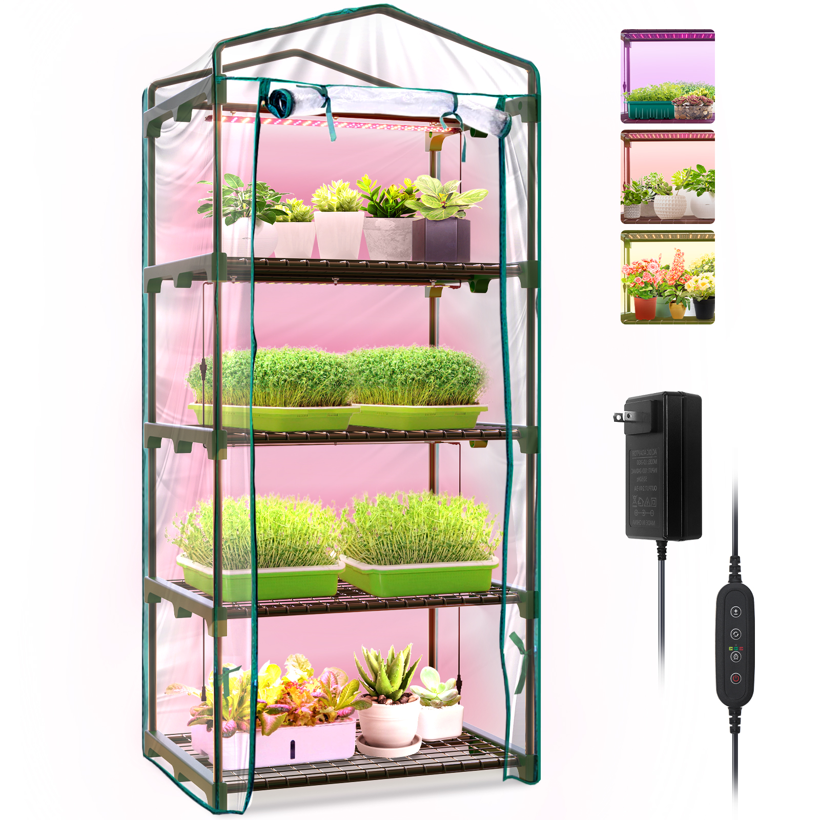 Bstrip Indoor Greenhouse with Grow Lights, 4 Tier 61.8" Mini Greenhouse with Zippered PVC Cover, Four 15W Full Spectrum LED Plant Lights with Timer, Dimmable Grow Light for Seed Starting Trays and Indoor Plants