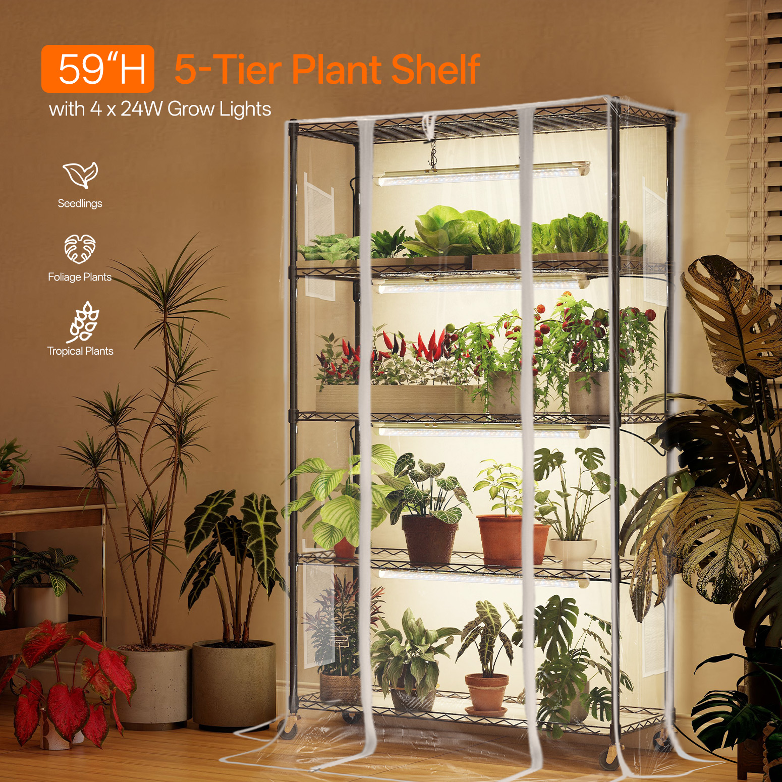 Bstrip 59" Indoor Greenhouse with 4x24W Grow Lights, Mini Grow Tent with EVA Cover & Timer for Seed Starting and Plant Growth