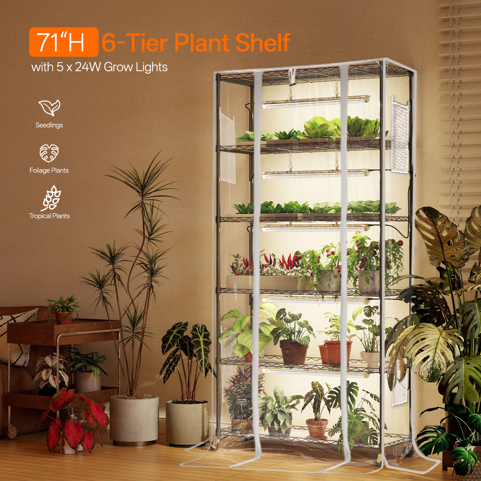 Bstrip 71" Indoor Greenhouse Cabinet with 5x24W T8 Grow Lights, Full Spectrum Plant Shelf with EVA Cover & Wheels for Large Plants