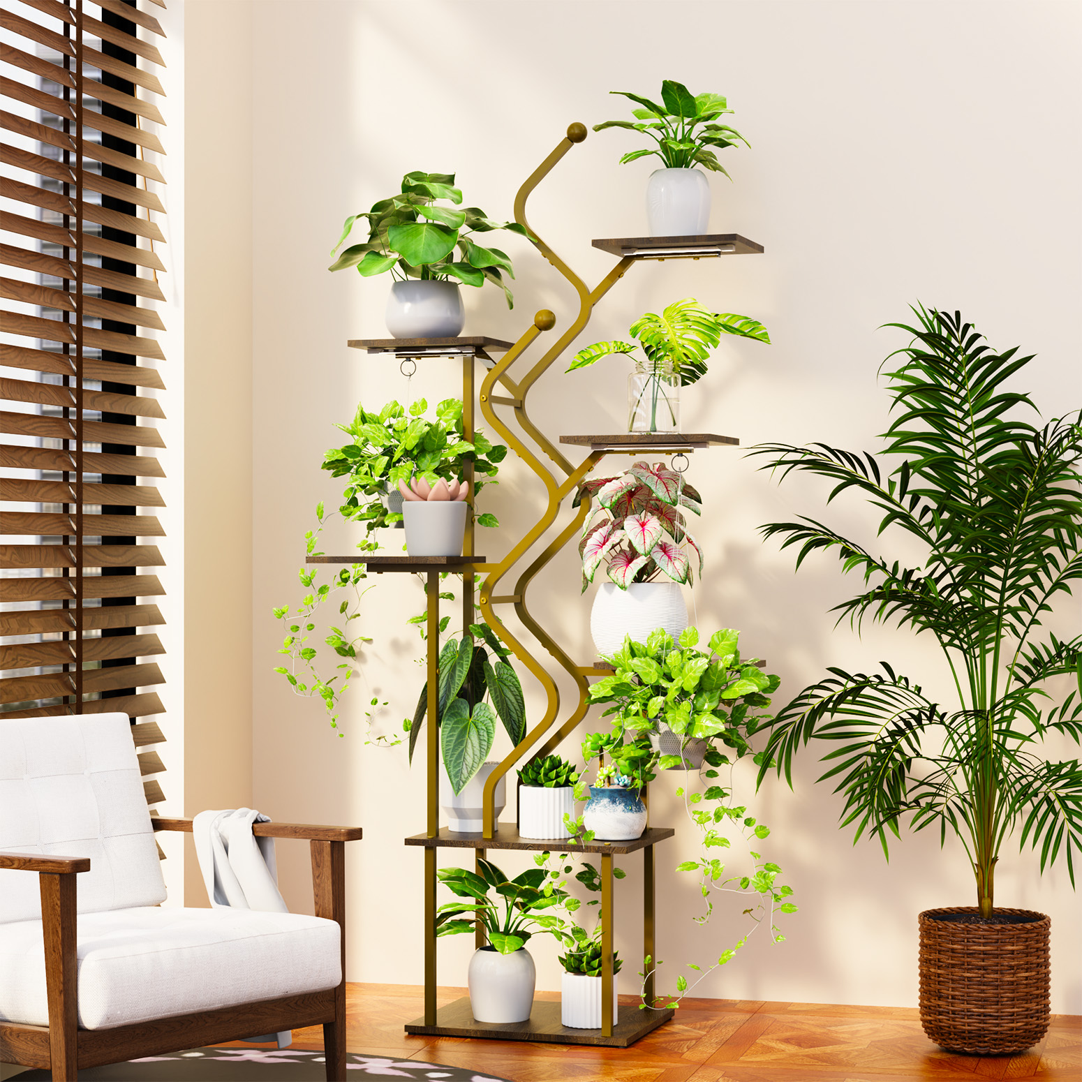 Bstrip 63 Inch 7-Tier Gold Plant Stand with Grow Light, S-Shaped Corner Shelf with Walnut Wood Panels and Hanging Hooks