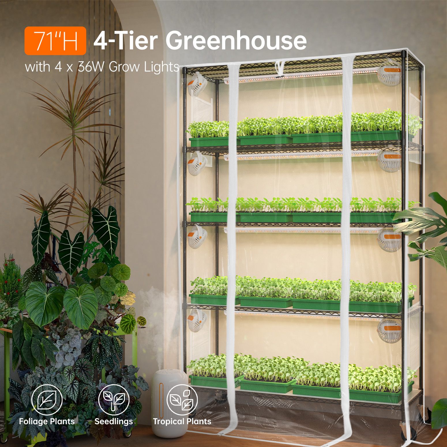 Bstrip 71" 5-Tier Indoor Greenhouse with 4x30W T8 Grow Lights, Large Grow Tent with EVA Cover and Locking Wheels