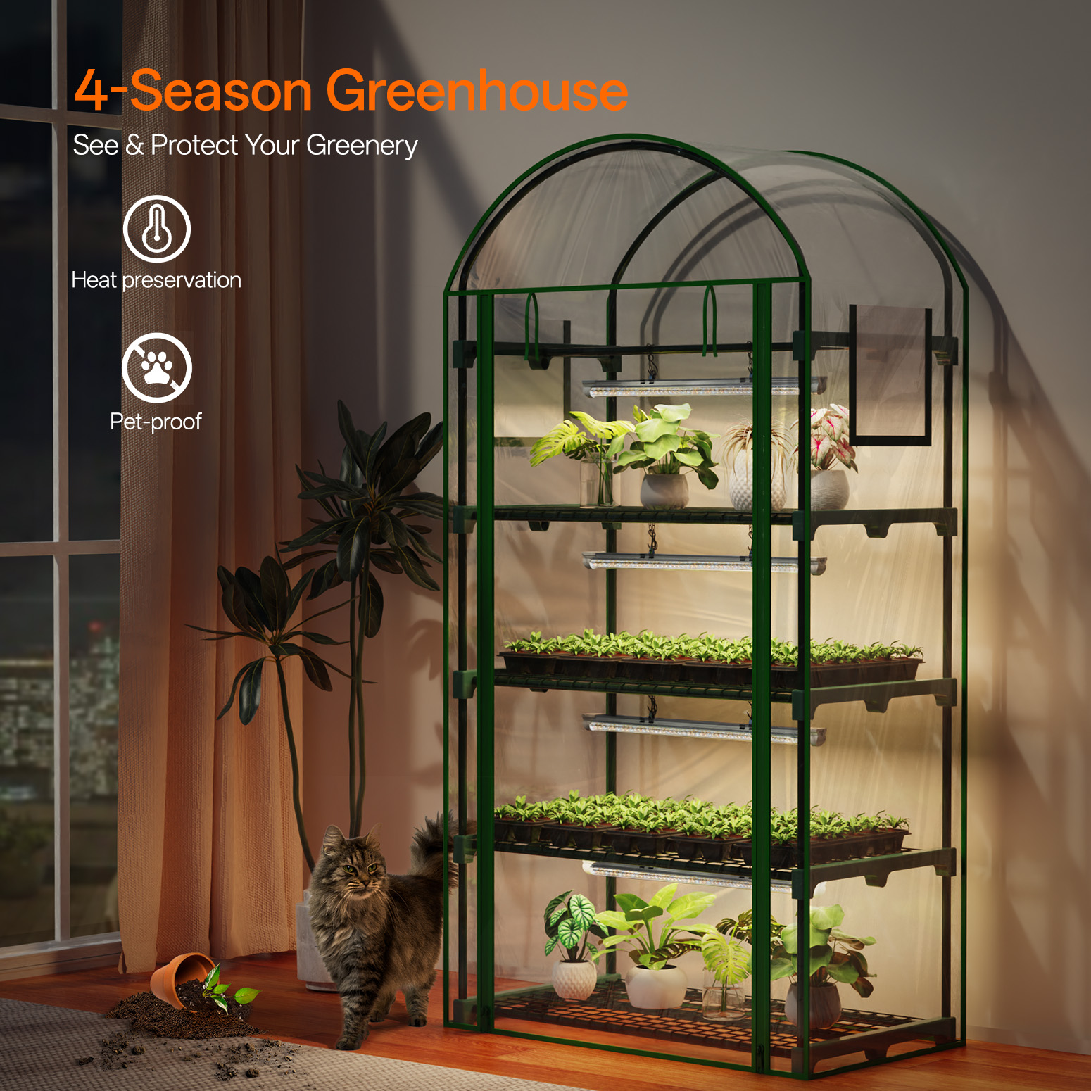 Bstrip 63" 4-Tier Indoor Greenhouse with Grow Lights, Mini Grow Tent with Timer, PVC Cover and Ventilation Windows