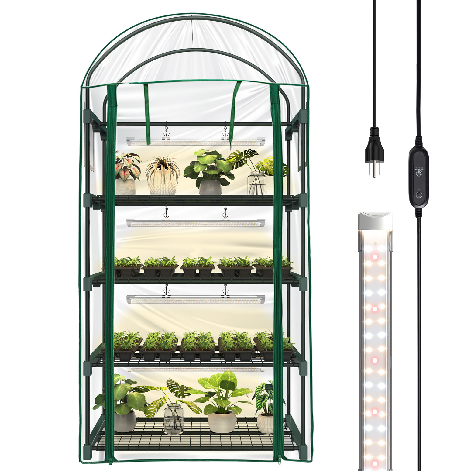 Bstrip 63" 4-Tier Indoor Greenhouse with Grow Lights, Mini Grow Tent with Timer, PVC Cover and Ventilation Windows