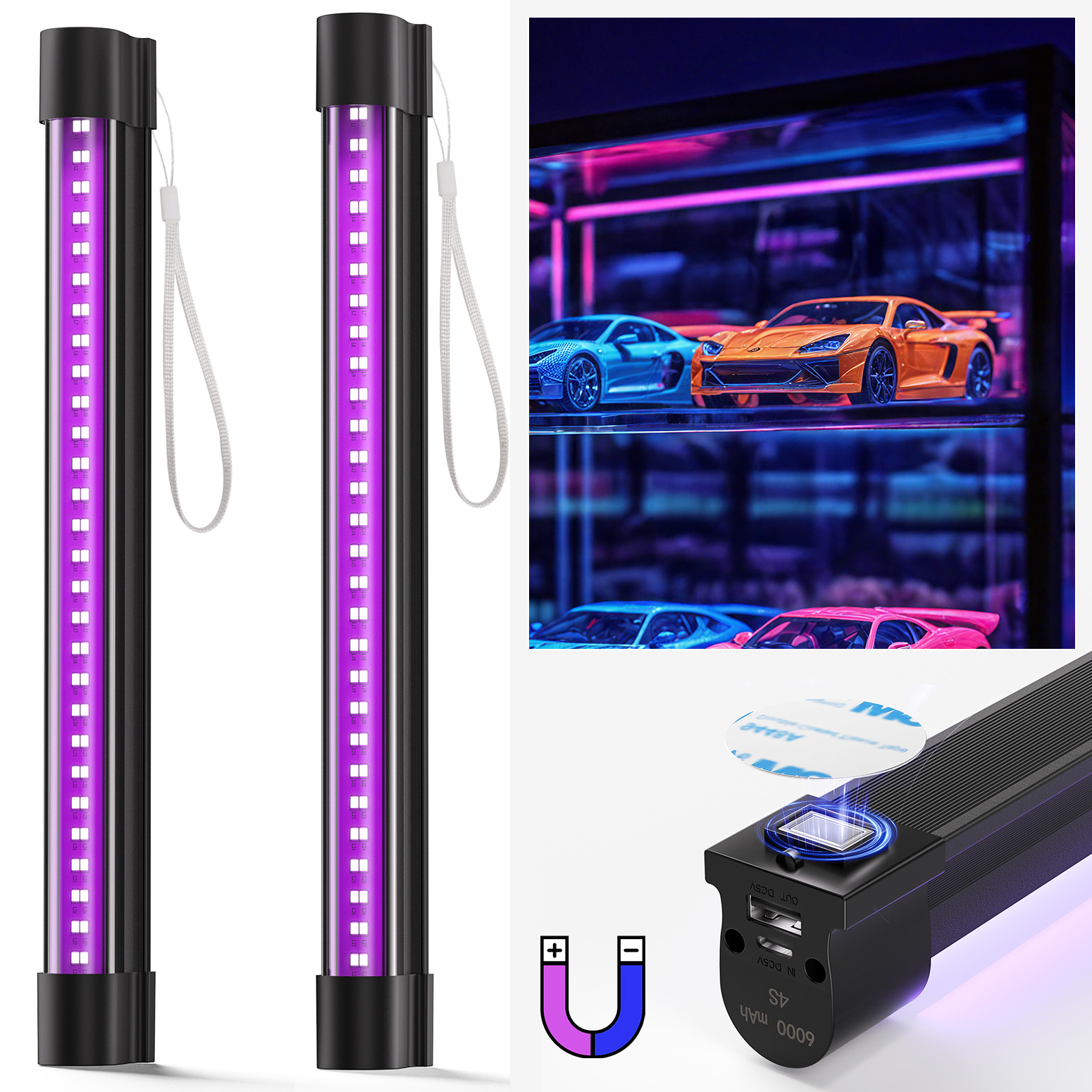 Bstrip Rechargeable Black Light, 2-Pack 11.8 Inch Battery Powered UV Blacklight Bar with 6000mAh Battery, 395-400nm Portable Magnetic Black Light for Glow Parties, Halloween, Body Paint, Pet Stain Detection