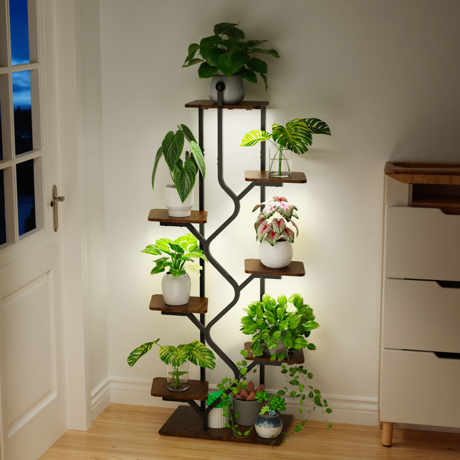 Bstrip 57 Inch 8-Tier Plant Stand with Grow Light, Wave-S Design Indoor Plant Shelf with Rust-Resistant Frame and Waterproof MDF