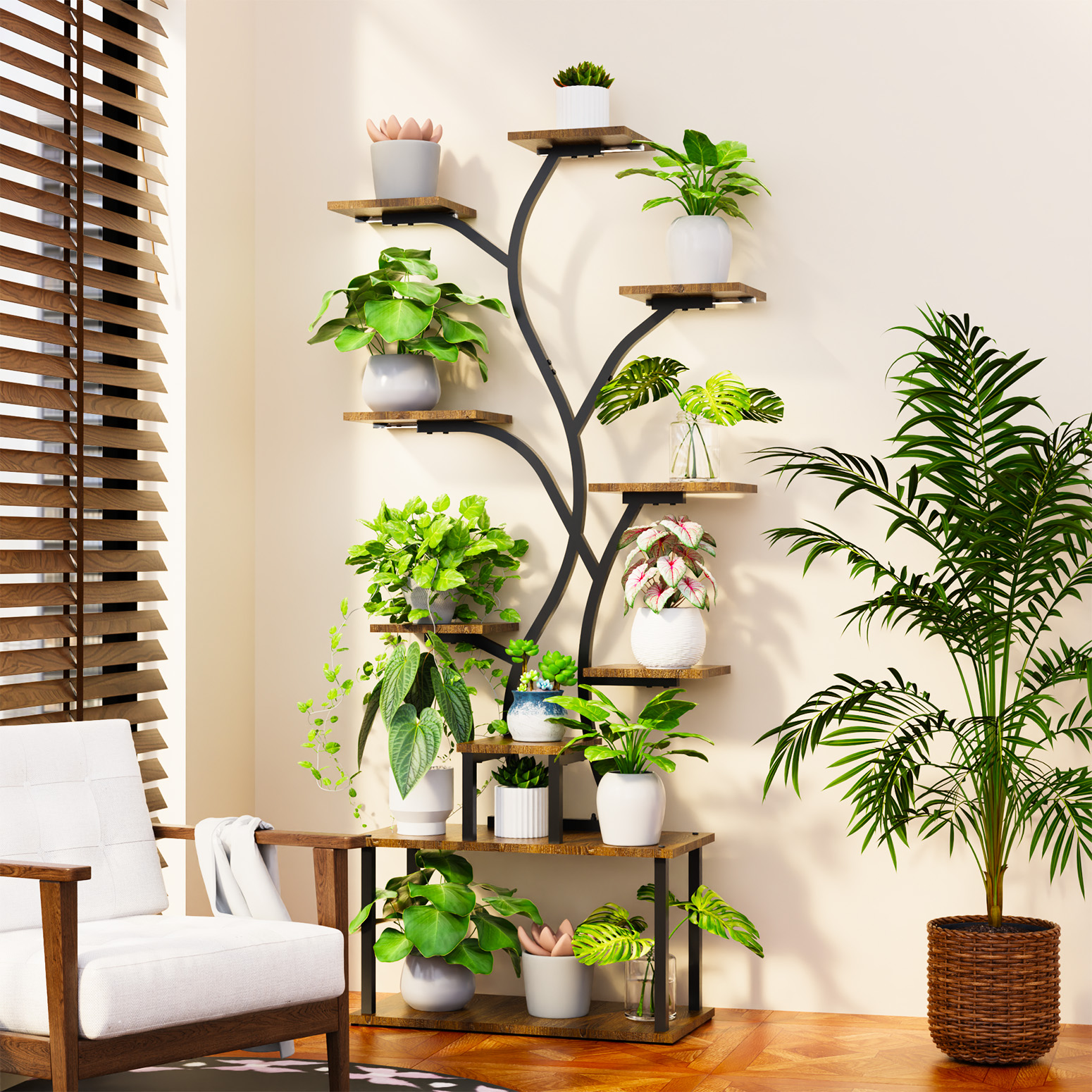 Bstrip 63 Inch 10-Tier Plant Stand with Grow Light, Tree Shaped Design Indoor Plant Shelf for Home Corner and Patio