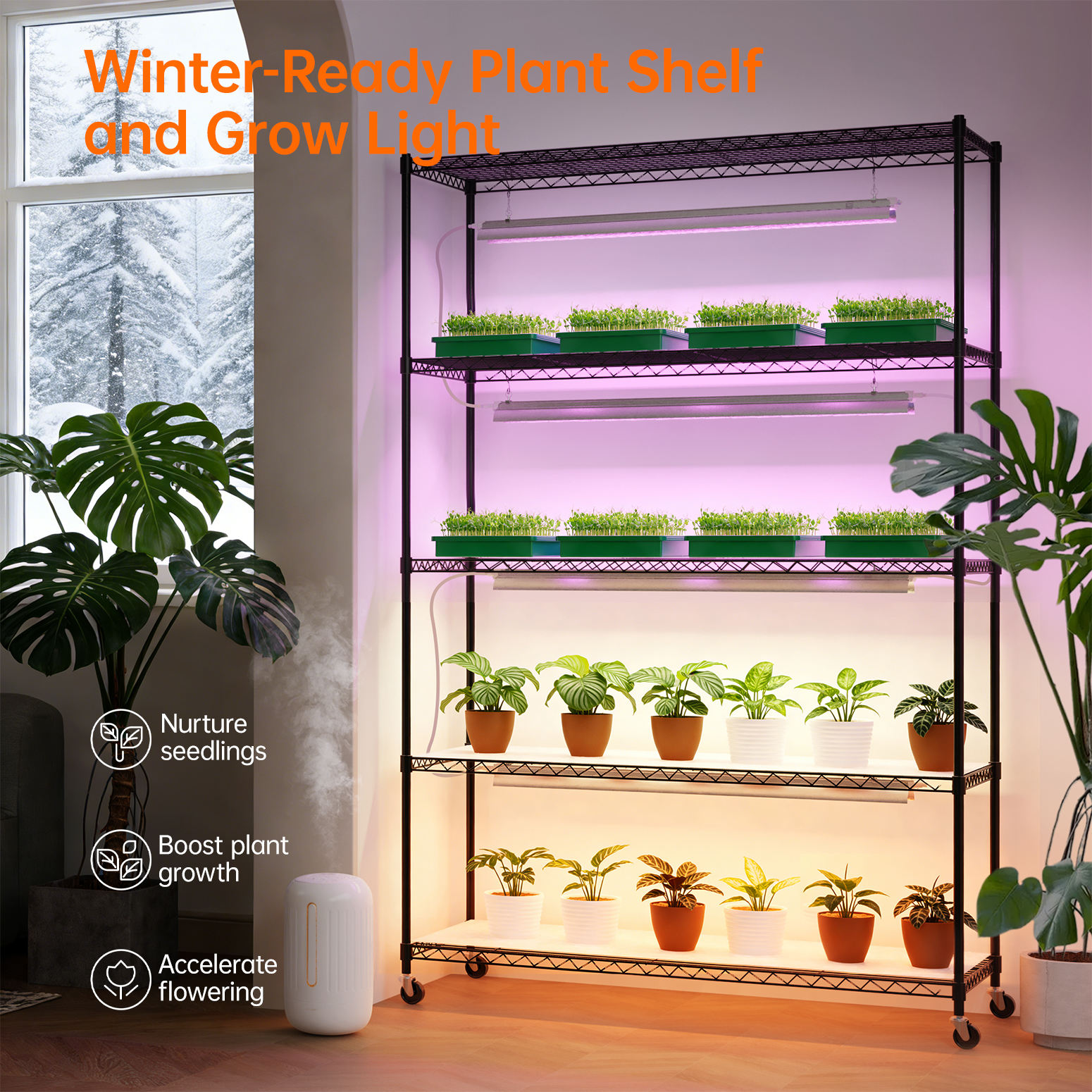 Bstrip 5-Tier Plant Shelf with Grow Lights, 71 Inch Large Plant Stand with 3FT T5 Full Spectrum LED Grow Light, 3-Mode Adjustable Color Light with Timer & Wheels for Indoor Plants, Seed Starting, 47.2" L x 17.8" W