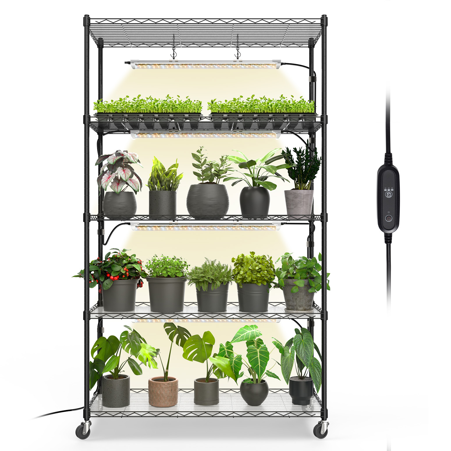Bstrip 59" 5-Tier Metal Plant Shelf with 4x24W Grow Lights, Full Spectrum Adjustable Stand with Timer & Locking Wheels