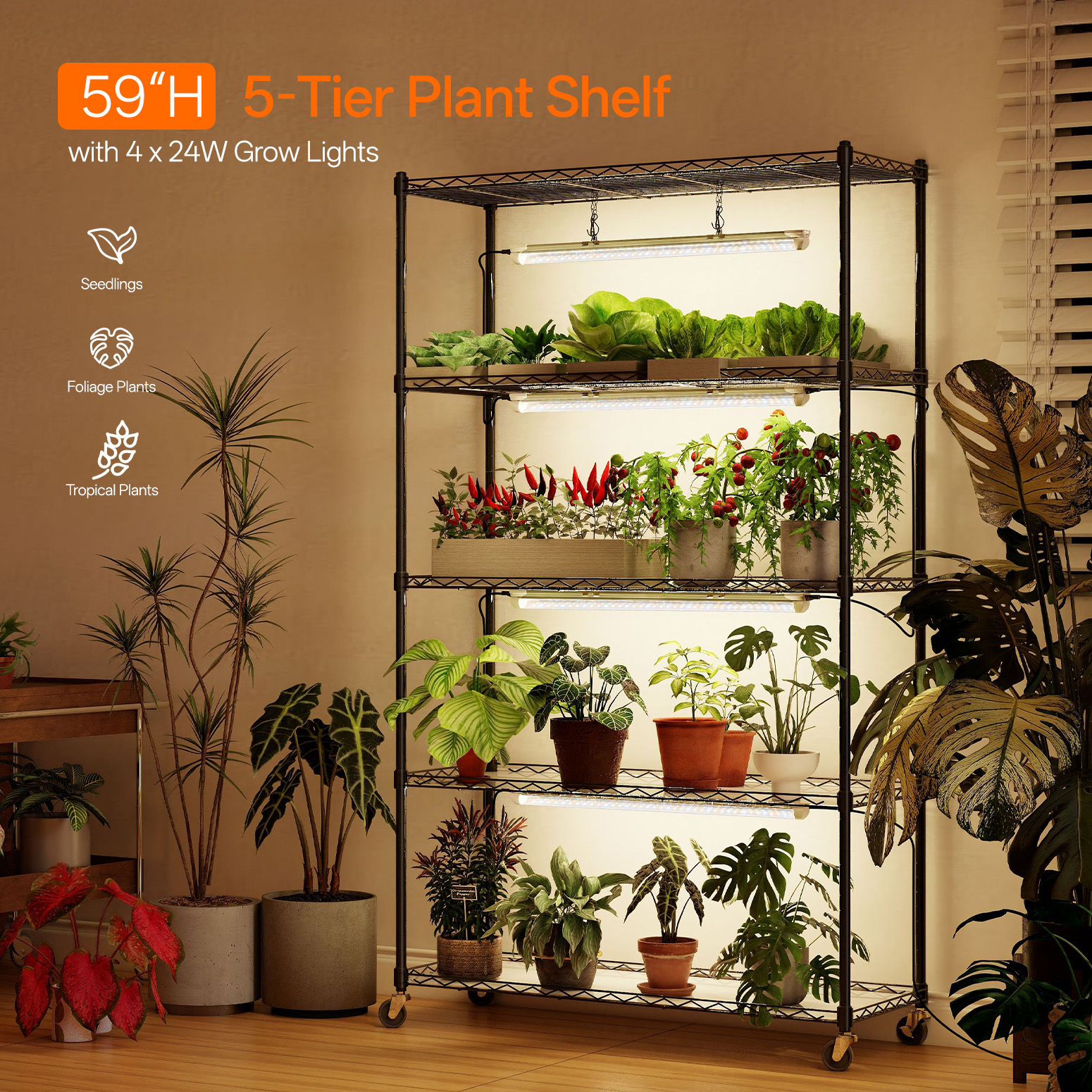 Bstrip 59" 5-Tier Metal Plant Shelf with 4x24W Grow Lights, Full Spectrum Adjustable Stand with Timer & Locking Wheels