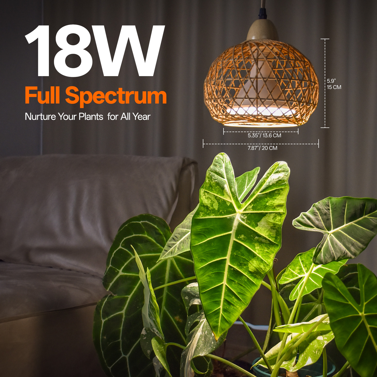Bstrip 18W Full Spectrum Hanging Grow Light with Timer & Rattan Shade for Indoor Plants