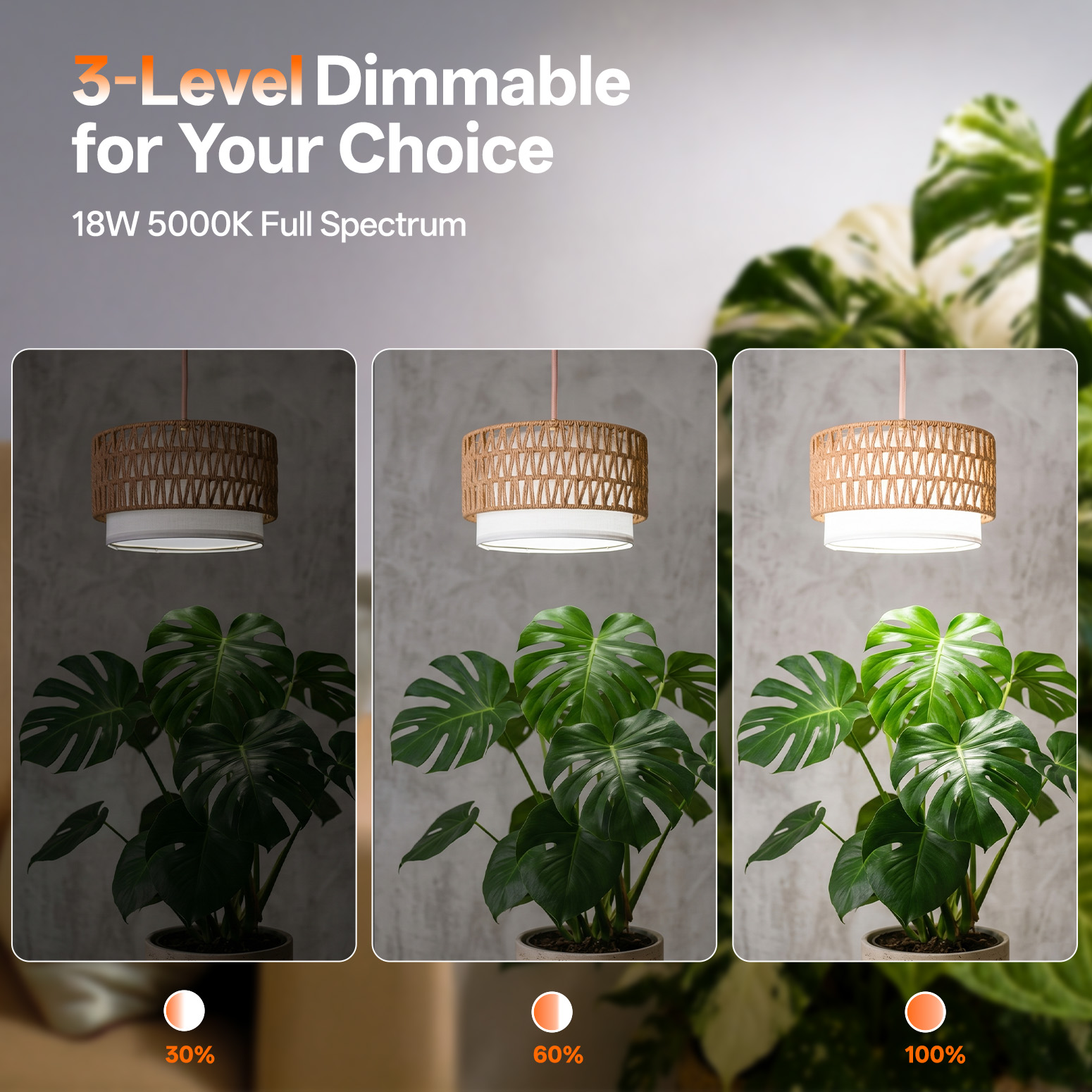 Bstrip H71 Boho Pendant Grow Light – Dimmable 18W Full Spectrum Lamp with Timer & Linen Shade for Indoor Plants