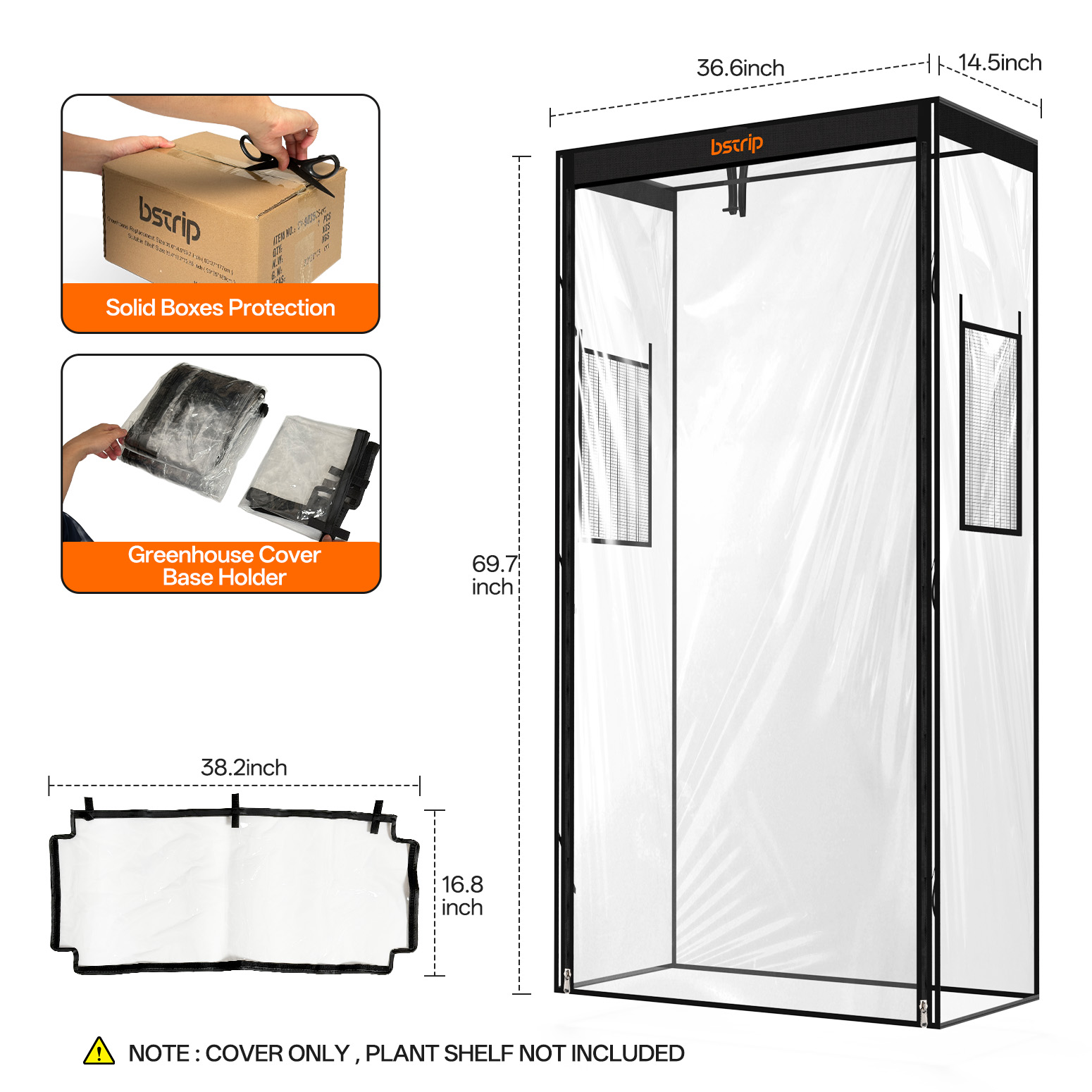 Bstrip PP94-ZP Greenhouse Replacement Cover with Base Tray, 36.6" x 14.5" x 69.7" Waterproof EVA Grow Tent for 35.4" x 13.7" x 70.9" Plant Shelf, Transparent Indoor Plant Cover with Roll-Up Door & Ventilation Windows