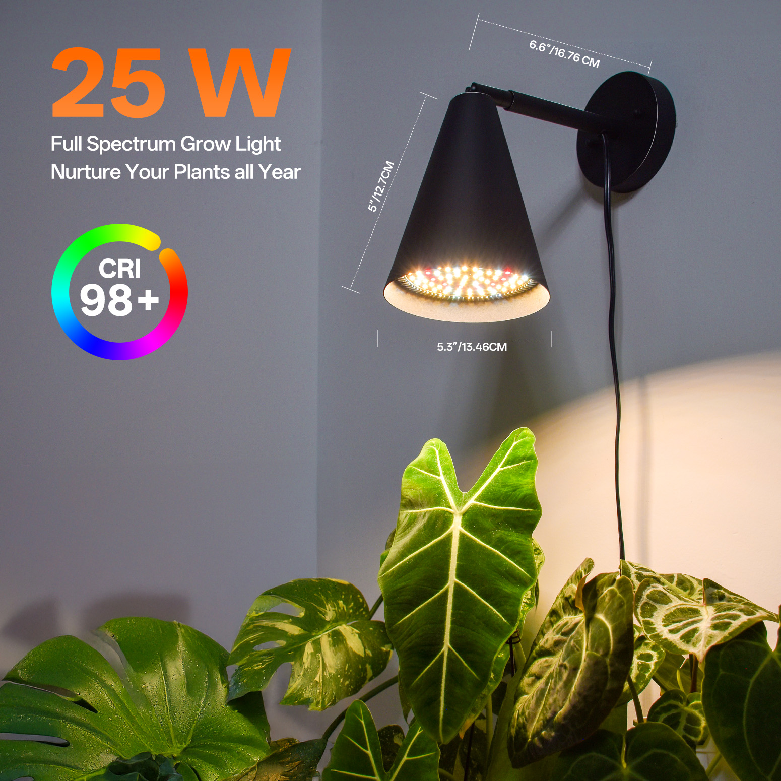 Bstrip W31 Wall Mounted Grow Light, 25W Full Spectrum LED Plant Light with Timer, 350° Adjustable Head & 180° Tilt, Decorative Black Metal Shade Hanging Grow Lamp for Indoor Plants, Flowers & Bonsai