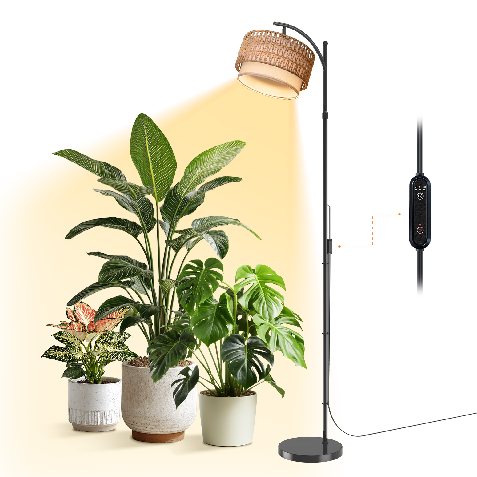 Bstrip 65-72.8 Inches Adjustable Floor Grow Light for Indoor Plants, Boho Rattan & Linen Shade Standing Lamp, 25W 3000K Full Spectrum LED Plant Light with Auto On/Off Timer, 3 Style Assembly Options