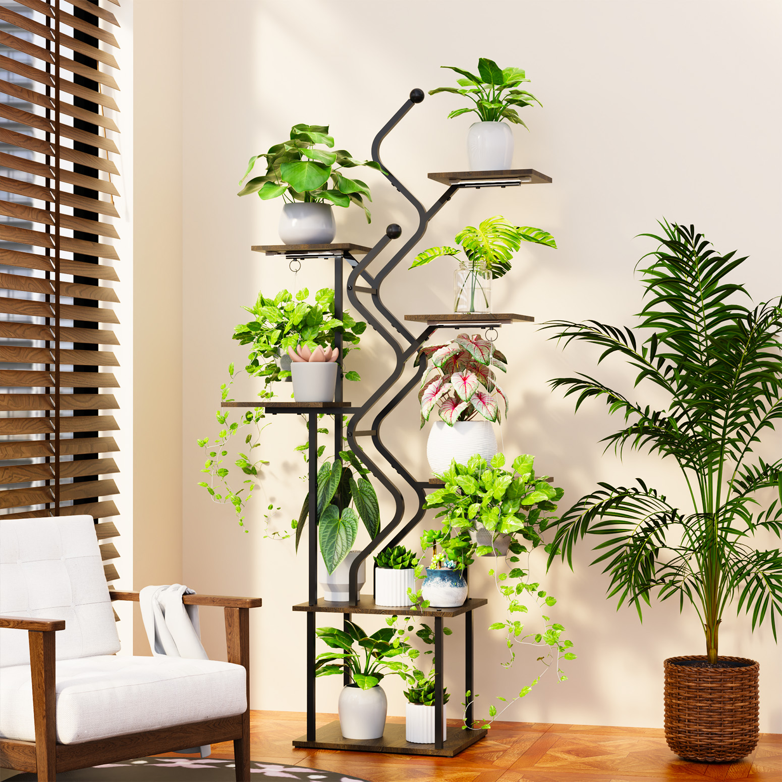 Bstrip 63 Inch 7-Tier Plant Stand with Grow Light, S-Shaped Corner Shelf with Hanging Hooks for Living Room & Patio