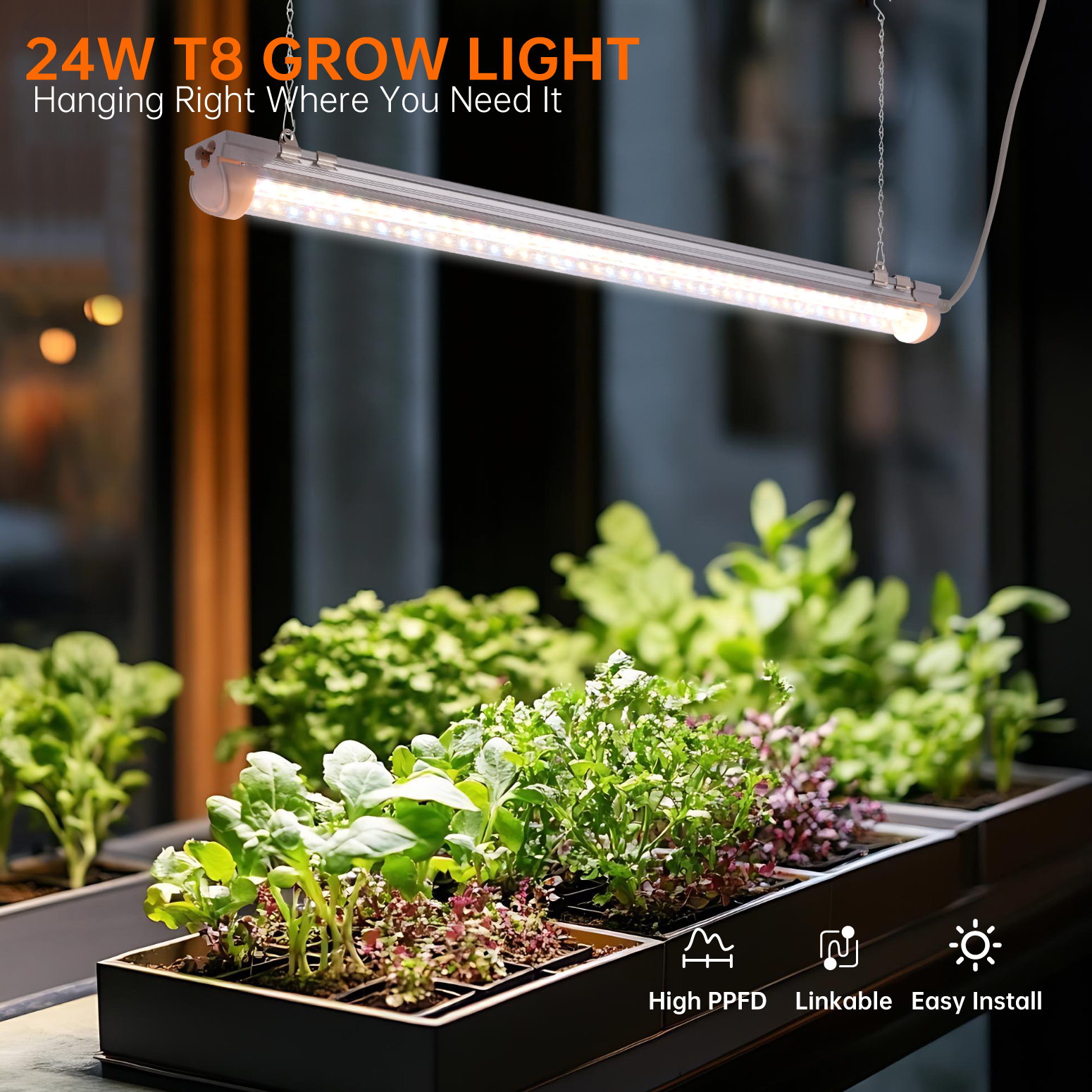 Bstrip T8 Grow Light 2FT, 24W Full Spectrum LED Plant Light with 660nm Red LEDs, Linkable Design up to 4 Lights, High PPFD 343.7μmol/m²/s for Indoor Plants, Greenhouse, Seed Starting, 6-Pack