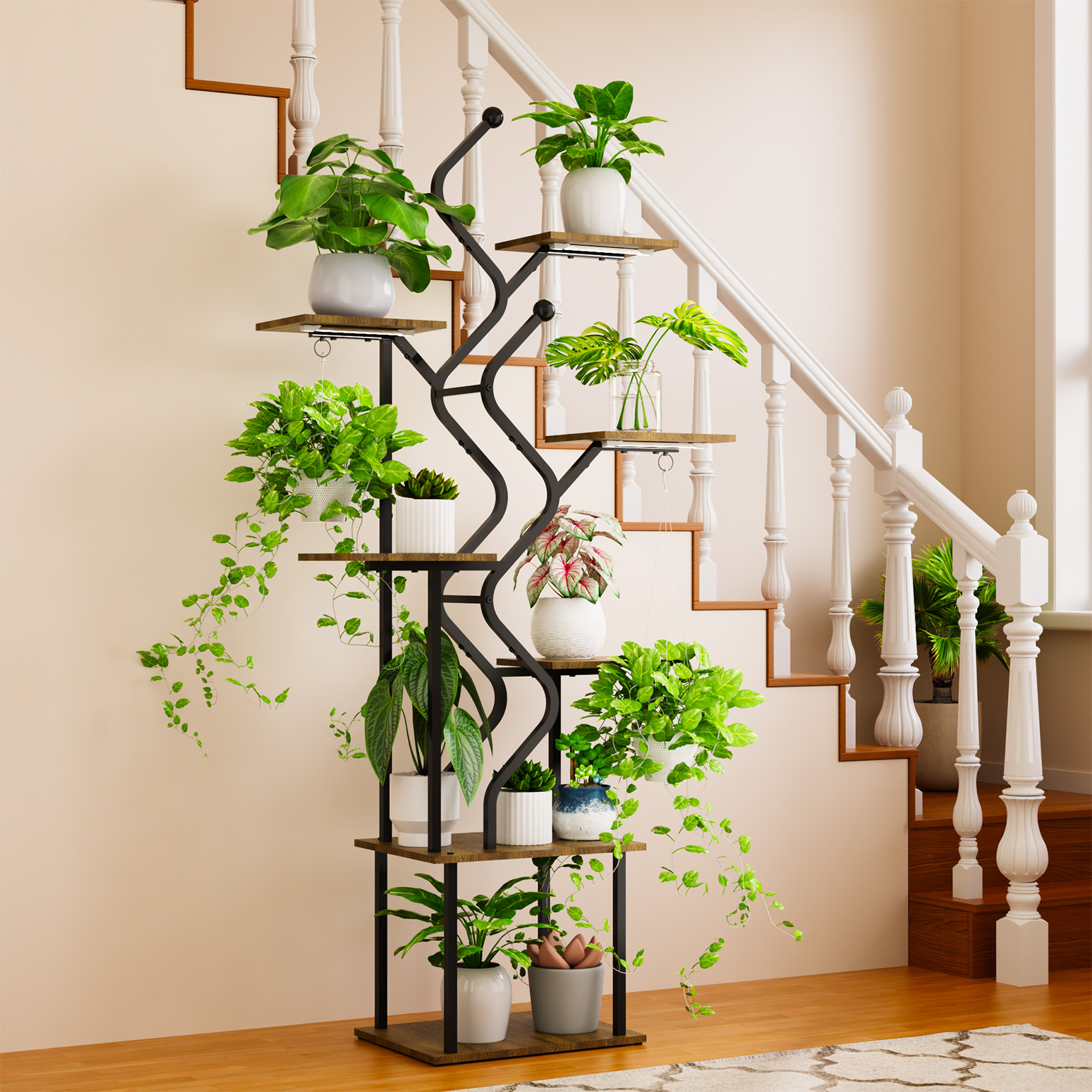 Bstrip 63 Inch 7-Tier Plant Stand with Grow Light, S-Shaped Corner Shelf with Hanging Hooks for Living Room & Patio