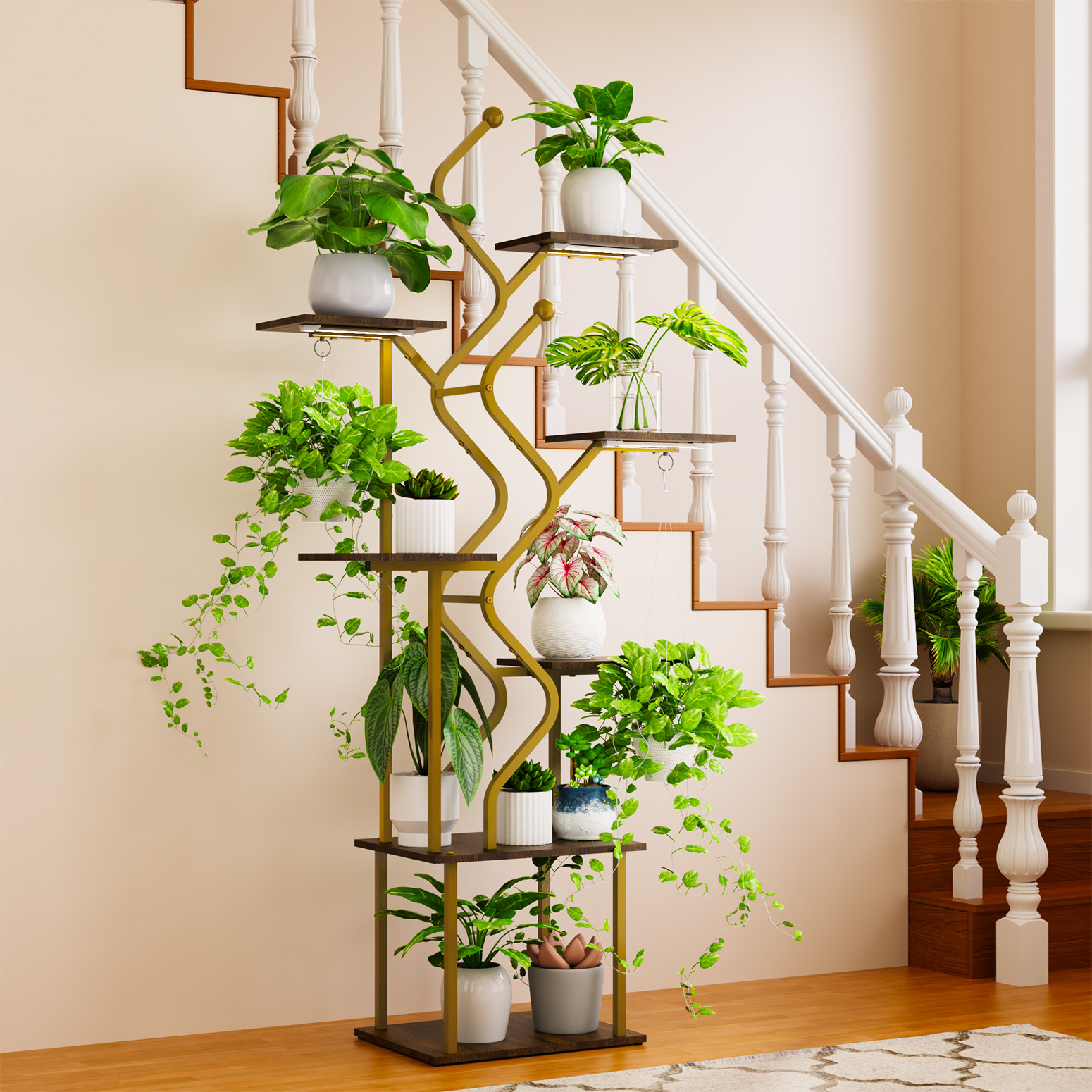 Bstrip 63 Inch 7-Tier Gold Plant Stand with Grow Light, S-Shaped Corner Shelf with Walnut Wood Panels and Hanging Hooks
