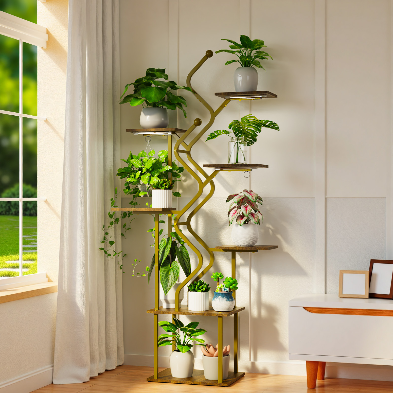 Bstrip 63 Inch 7-Tier Gold Plant Stand with Grow Light, S-Shaped Corner Shelf with Walnut Wood Panels and Hanging Hooks