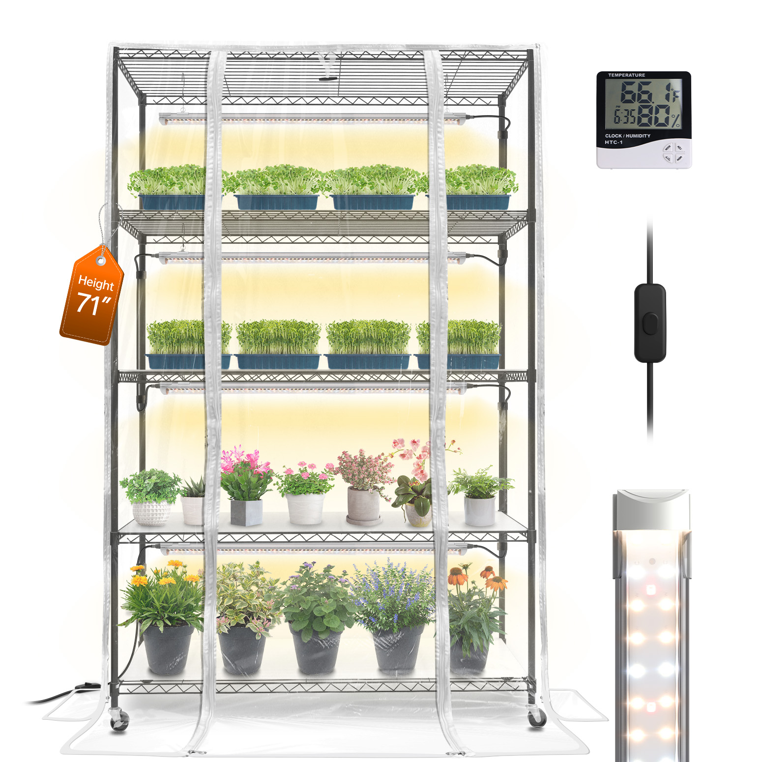 Bstrip 71" 5-Tier Indoor Greenhouse with 4x30W T8 Grow Lights, Large Grow Tent with EVA Cover and Locking Wheels
