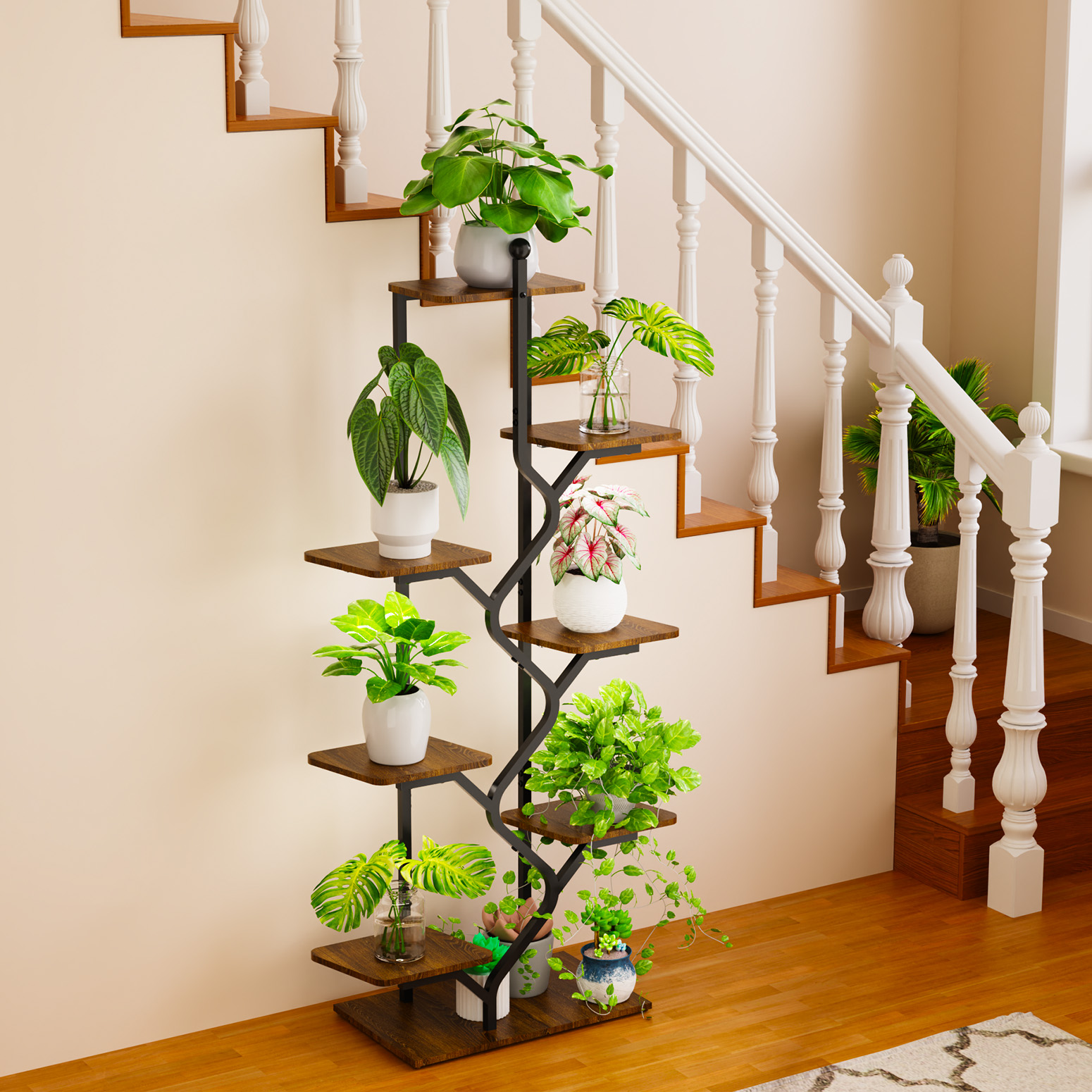 Bstrip 57 Inch 8-Tier Plant Stand with Grow Light, Wave-S Design Indoor Plant Shelf with Rust-Resistant Frame and Waterproof MDF