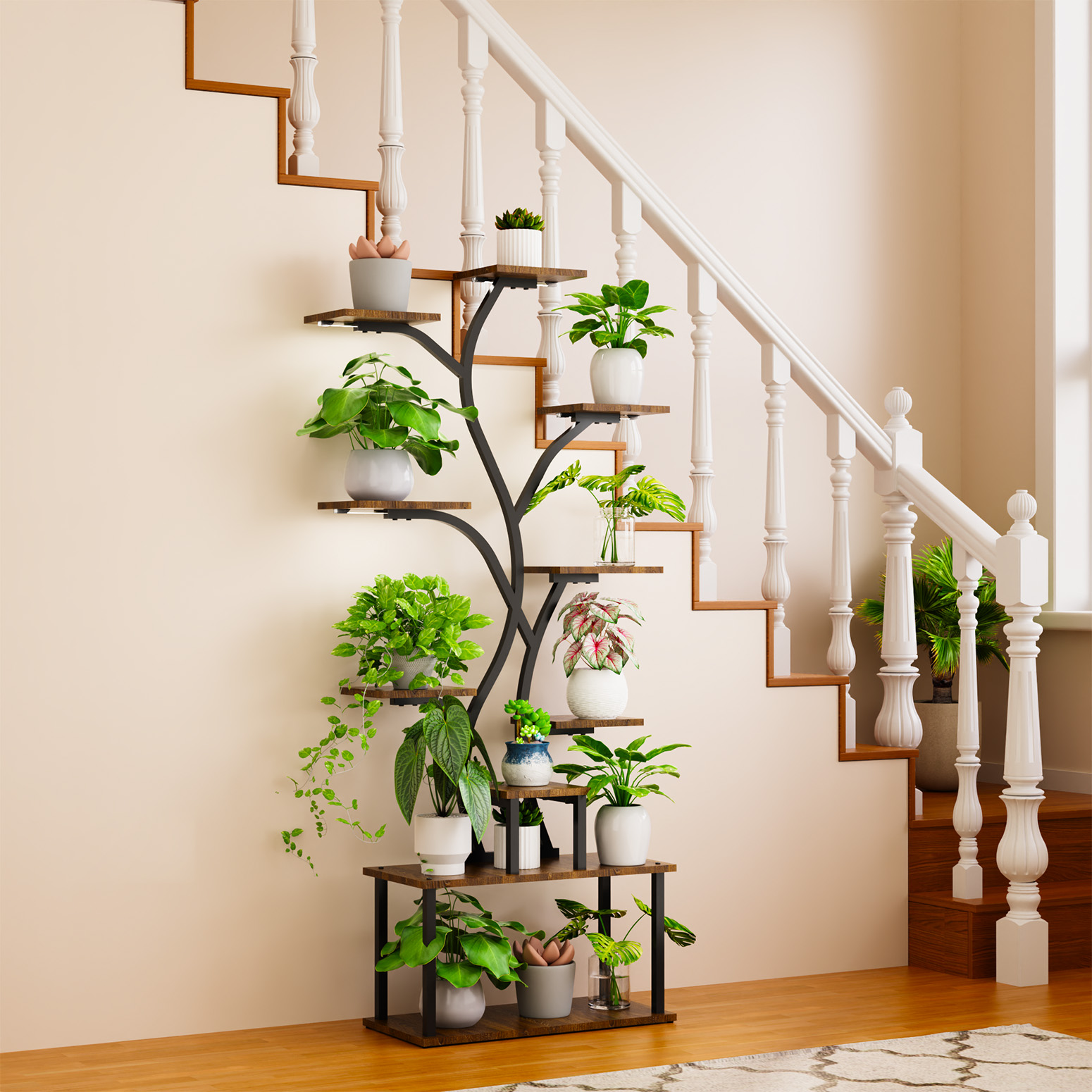 Bstrip 63 Inch 10-Tier Plant Stand with Grow Light, Tree Shaped Design Indoor Plant Shelf for Home Corner and Patio