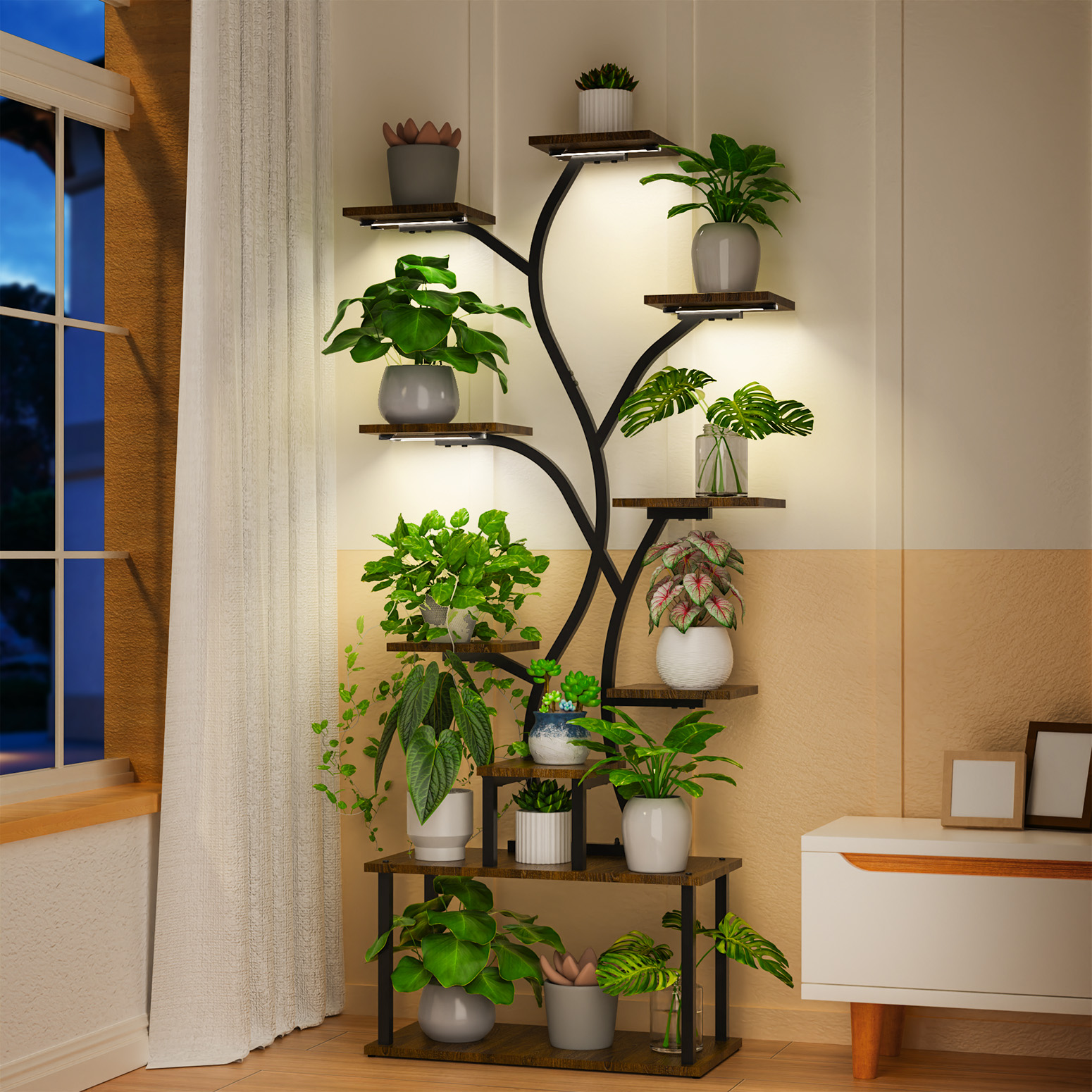 Bstrip 63 Inch 10-Tier Plant Stand with Grow Light, Tree Shaped Design Indoor Plant Shelf for Home Corner and Patio