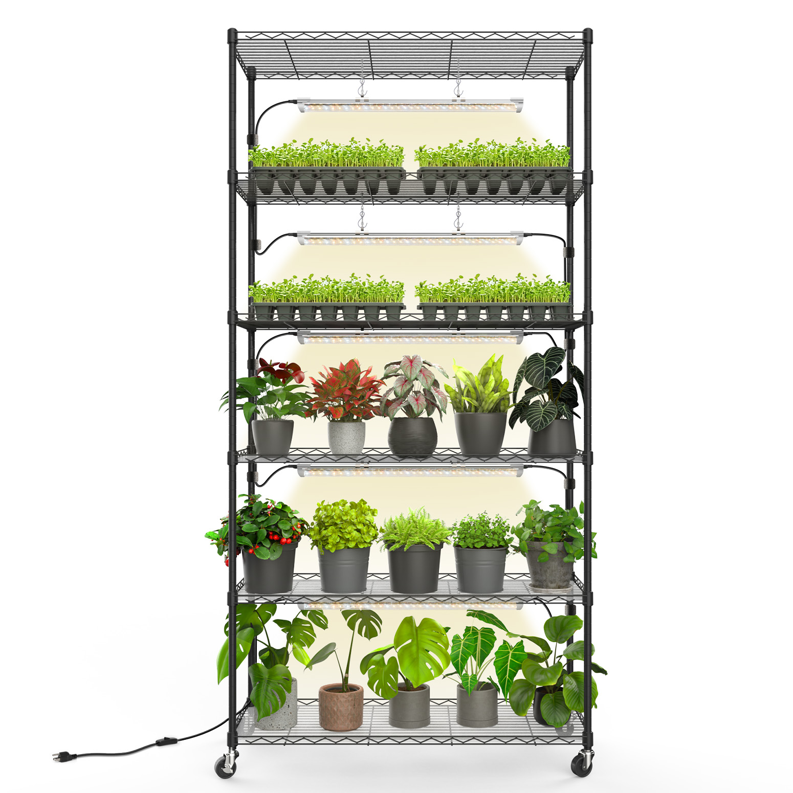 Bstrip 71" 6-Tier Metal Plant Shelf with 5x24W Grow Lights, Full Spectrum Adjustable Stand with Wheels for Indoor Plants
