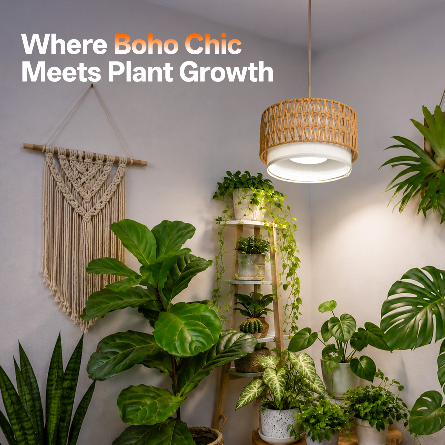 Bstrip H71 Boho Pendant Grow Light – Dimmable 18W Full Spectrum Lamp with Timer & Linen Shade for Indoor Plants