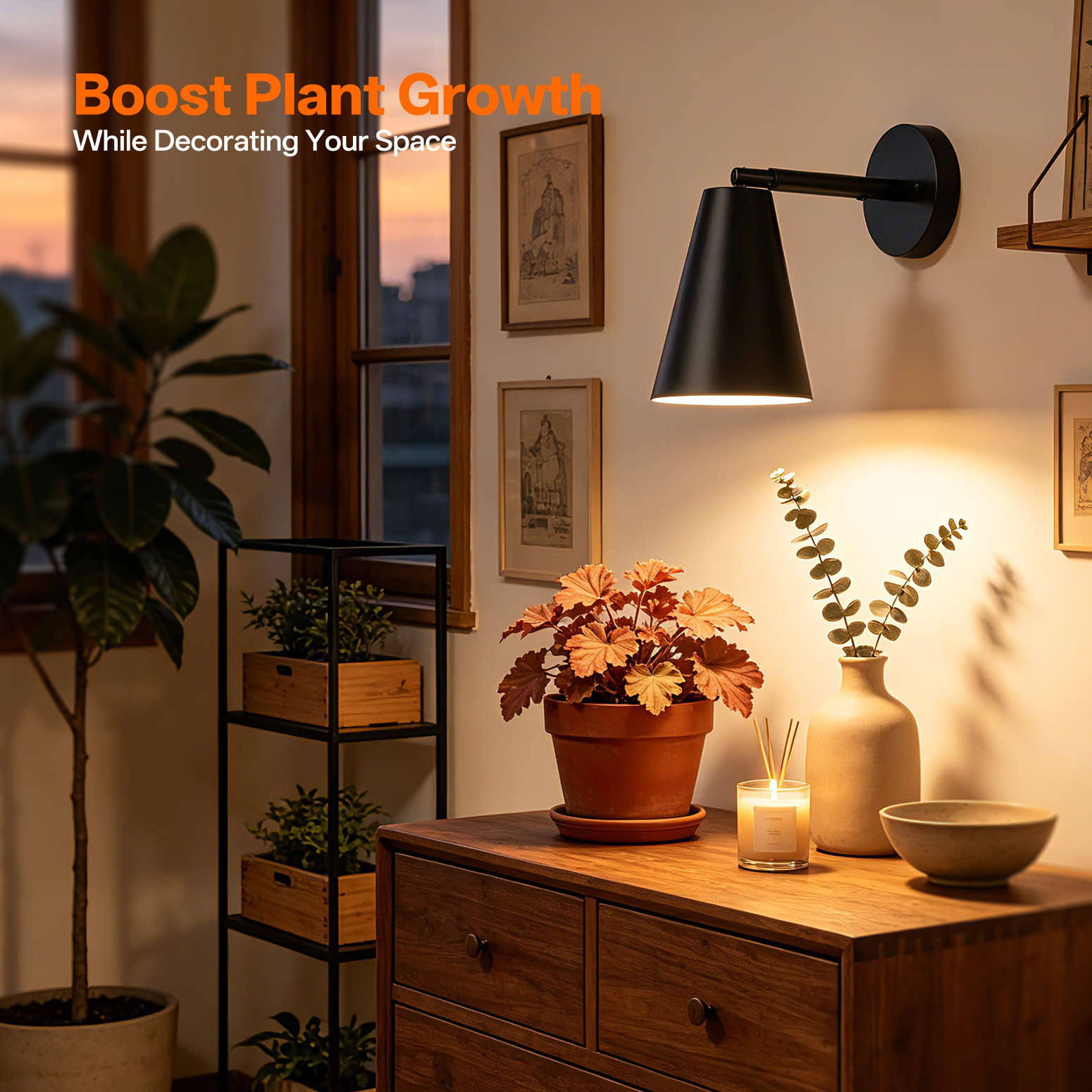Bstrip W31 Wall Mounted Grow Light, 25W Full Spectrum LED Plant Light with Timer, 350° Adjustable Head & 180° Tilt, Decorative Black Metal Shade Hanging Grow Lamp for Indoor Plants, Flowers & Bonsai