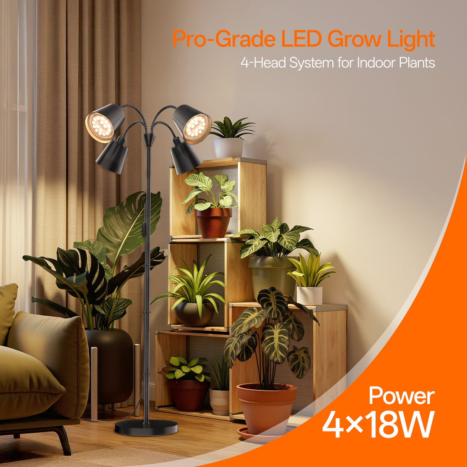 Bstrip 4-Head Floor Grow Light for Indoor Plants, 59" Tall Standing Plant Light with Flexible Goosenecks, 18W Full Spectrum LED Grow Lamp with Smart Timer, 3800K Non-Dimmable Bulbs for Home Gardening