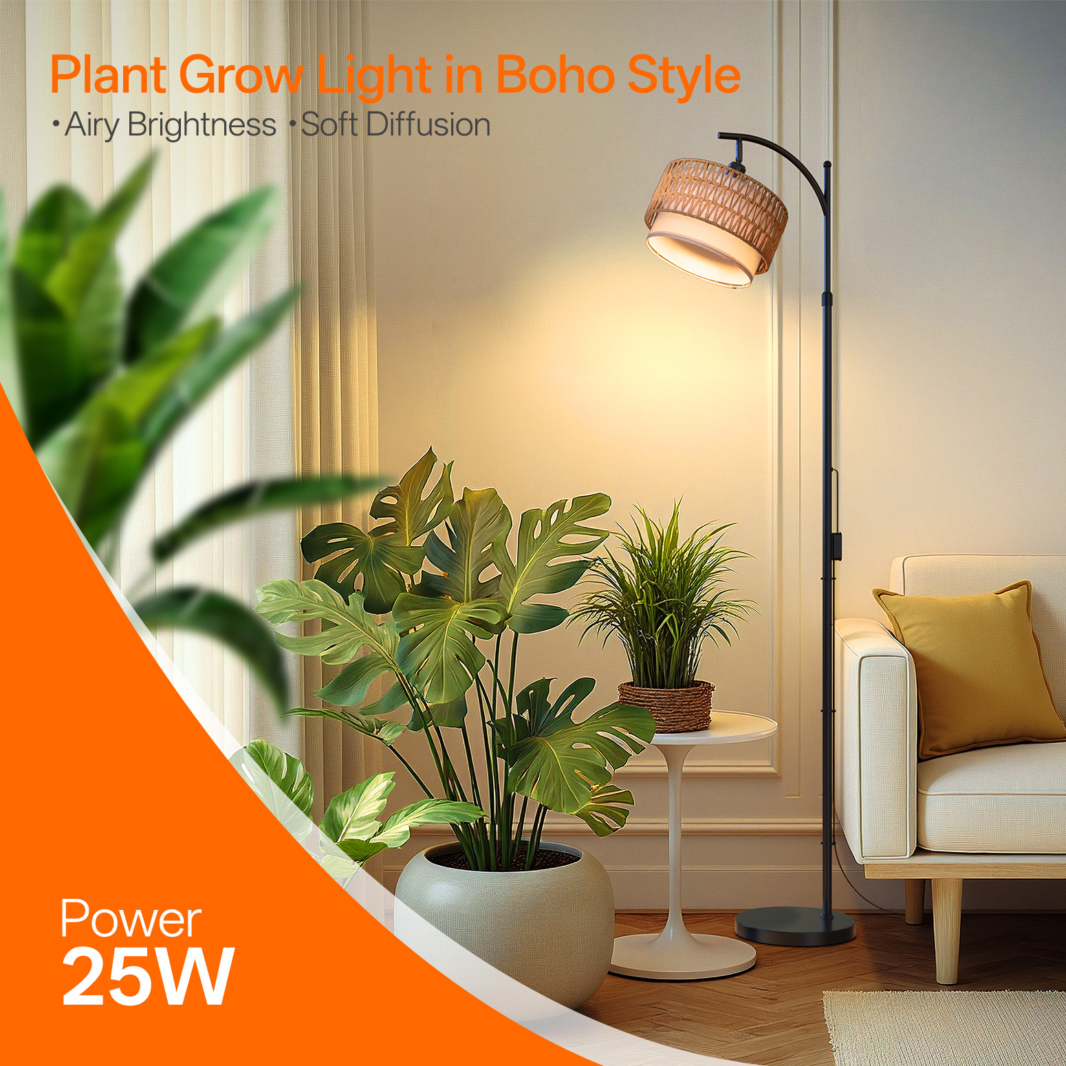 Bstrip 65-72.8 Inches Adjustable Floor Grow Light for Indoor Plants, Boho Rattan & Linen Shade Standing Lamp, 25W 3000K Full Spectrum LED Plant Light with Auto On/Off Timer, 3 Style Assembly Options