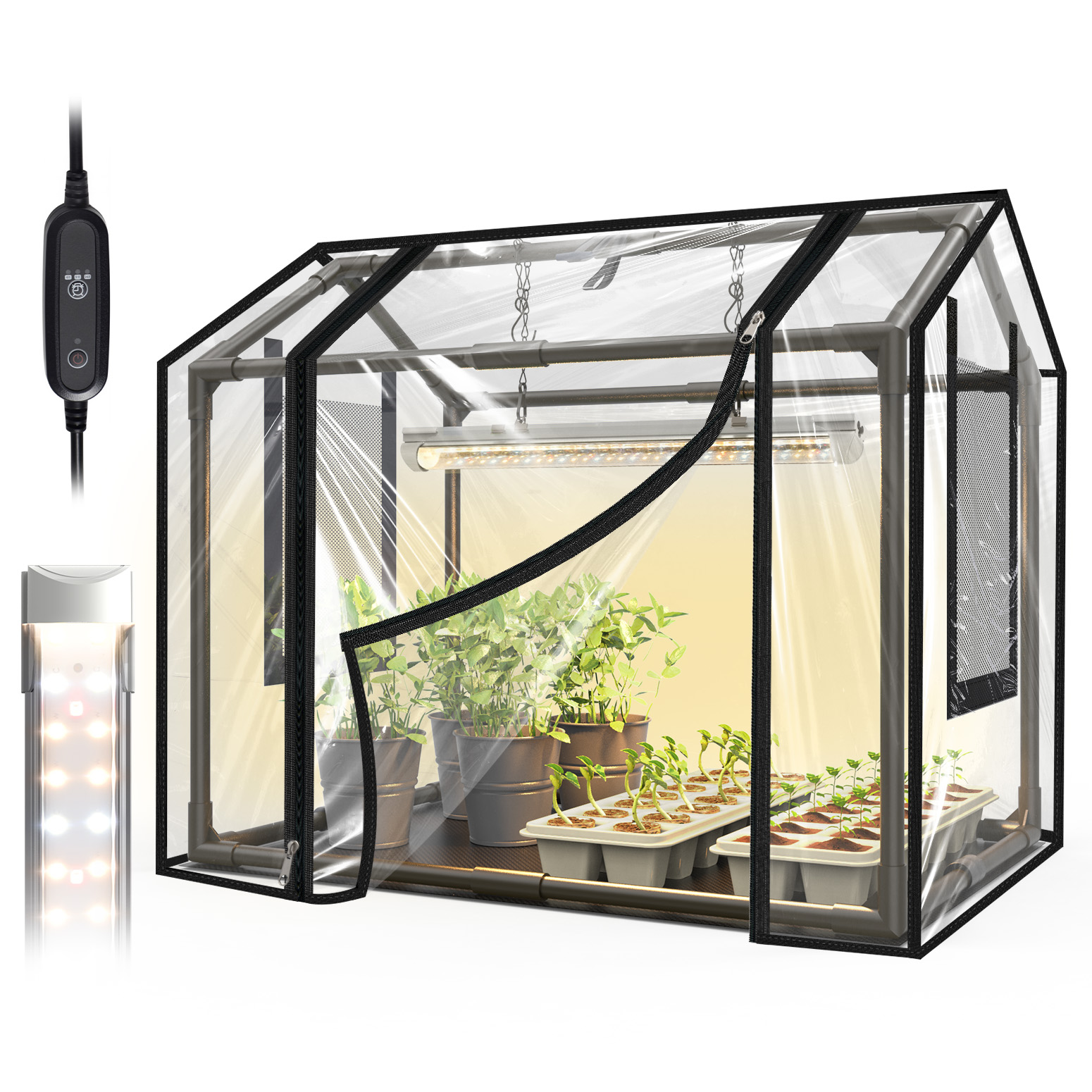Bstrip Indoor Greenhouse with Grow Light, 23.8"x15.7"x20.5" Mini Grow Tent with 18W Full Spectrum LED Light & Timer, PE Base Mat & Ventilation Windows for Seed Starting, All-Season Indoor Gardening