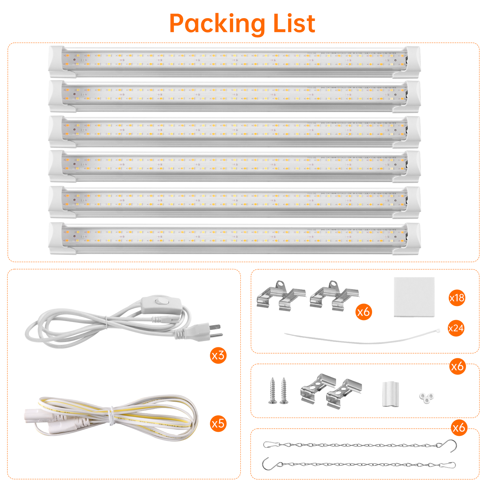 Bstrip T8 Grow Light 1.4FT, 18W Full Spectrum LED Plant Light with 660nm Red LEDs, Linkable Design up to 6 Lights, High PPFD 314 μmol/m²/s for Indoor Plants, Seed Starting, Greenhouse, 6-Pack