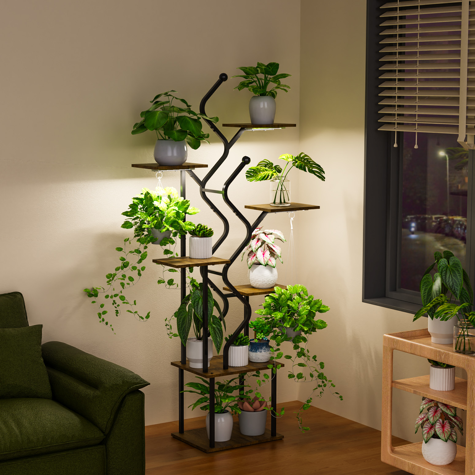 Bstrip 63 Inch 7-Tier Plant Stand with Grow Light, S-Shaped Corner Shelf with Hanging Hooks for Living Room & Patio