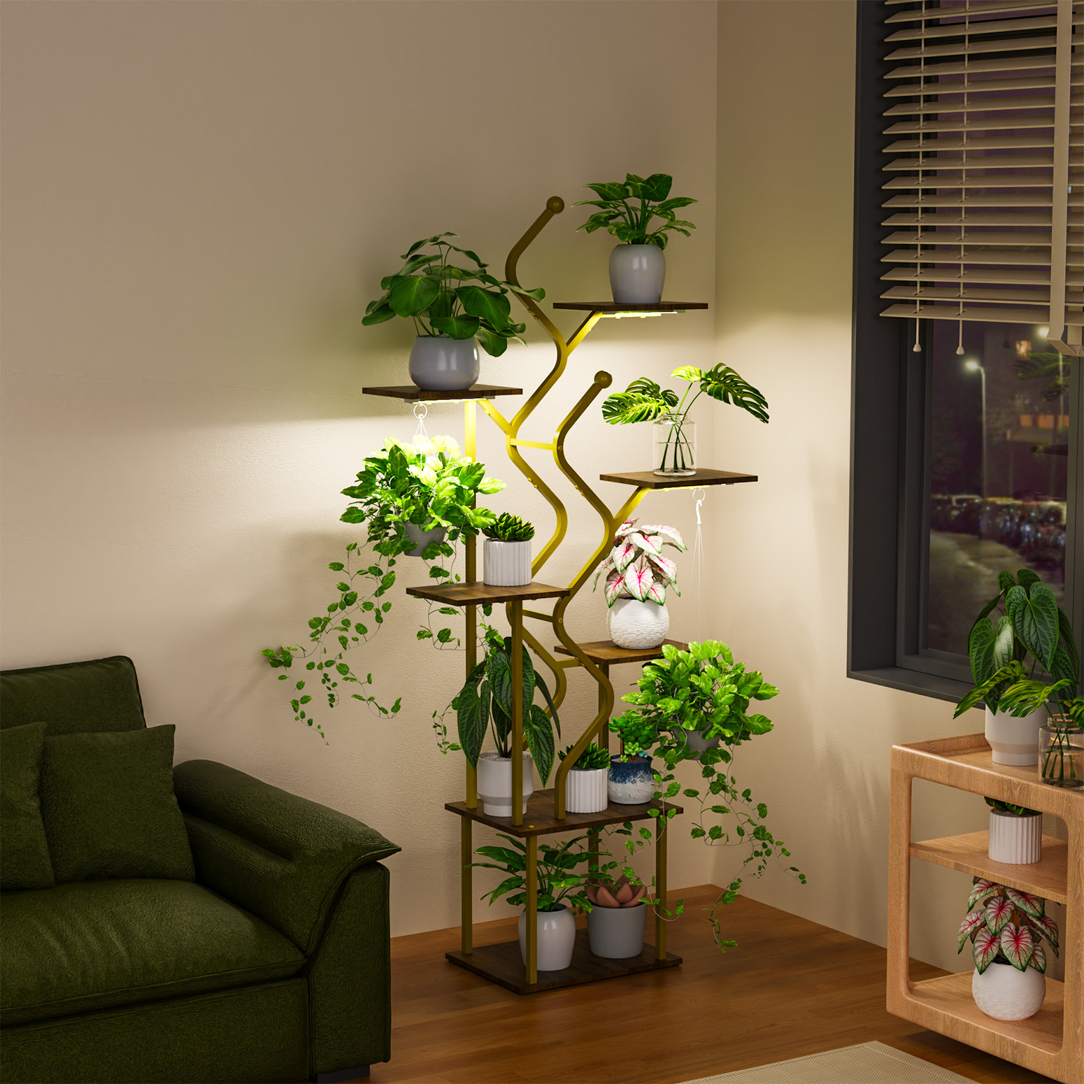 Bstrip 63 Inch 7-Tier Gold Plant Stand with Grow Light, S-Shaped Corner Shelf with Walnut Wood Panels and Hanging Hooks