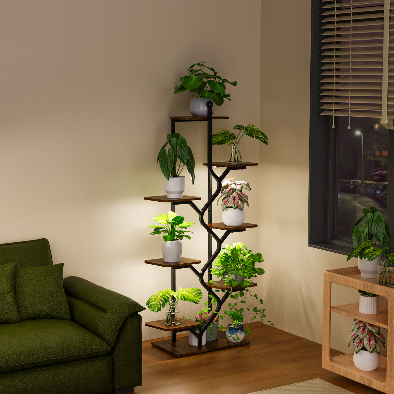 Bstrip 57 Inch 8-Tier Plant Stand with Grow Light, Wave-S Design Indoor Plant Shelf with Rust-Resistant Frame and Waterproof MDF