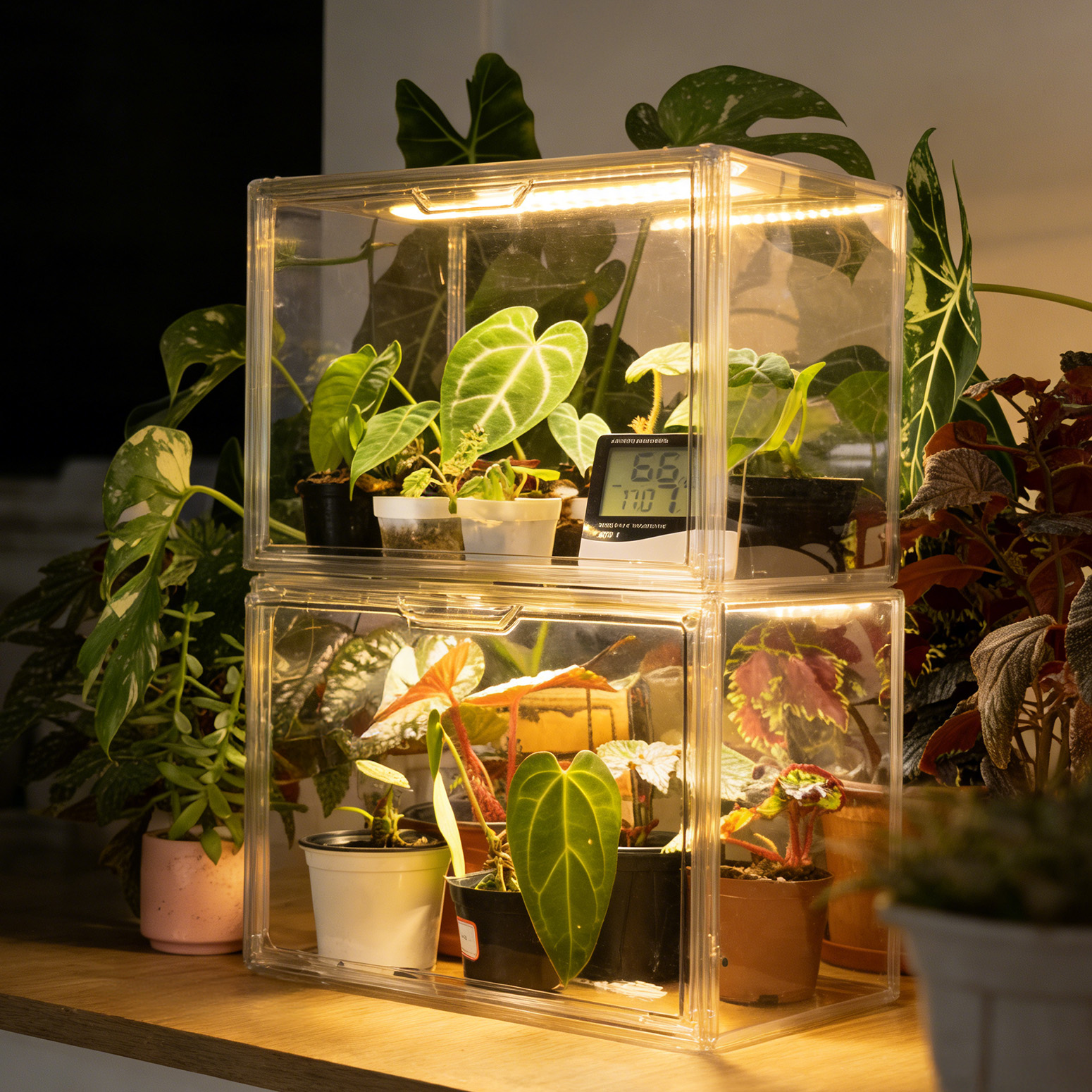 Bstrip Stackable Mini Greenhouse with Grow Light, Magnetic Humidity Control Display Case with LED Timer
