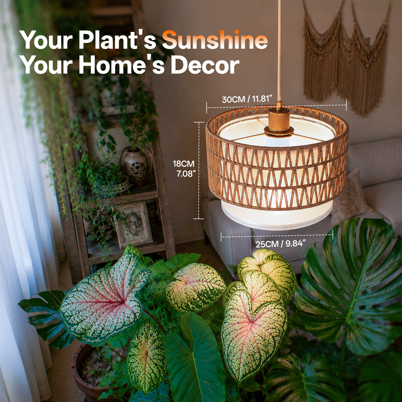 Bstrip H71 Boho Pendant Grow Light – Dimmable 18W Full Spectrum Lamp with Timer & Linen Shade for Indoor Plants
