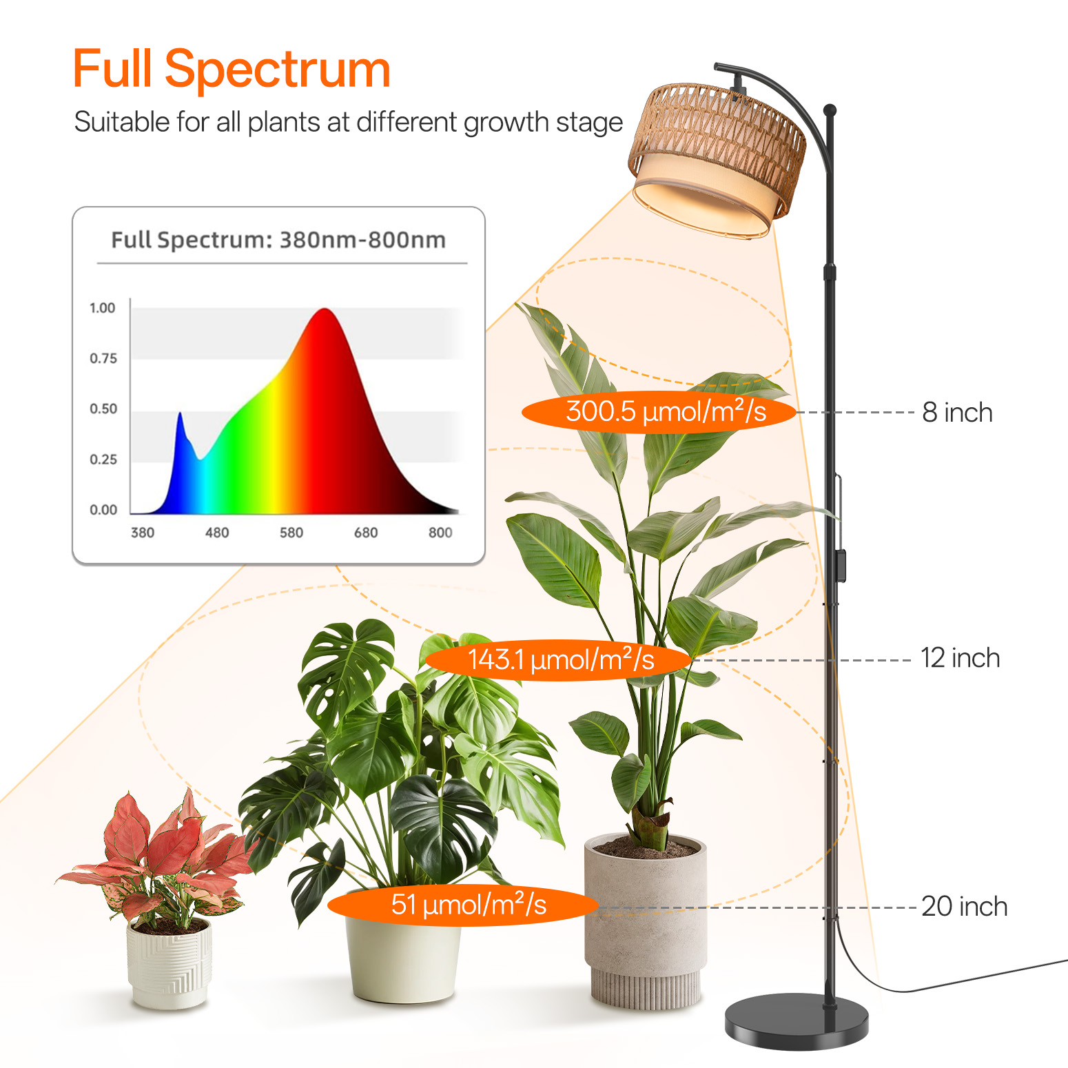 Bstrip 65-72.8 Inches Adjustable Floor Grow Light for Indoor Plants, Boho Rattan & Linen Shade Standing Lamp, 25W 3000K Full Spectrum LED Plant Light with Auto On/Off Timer, 3 Style Assembly Options