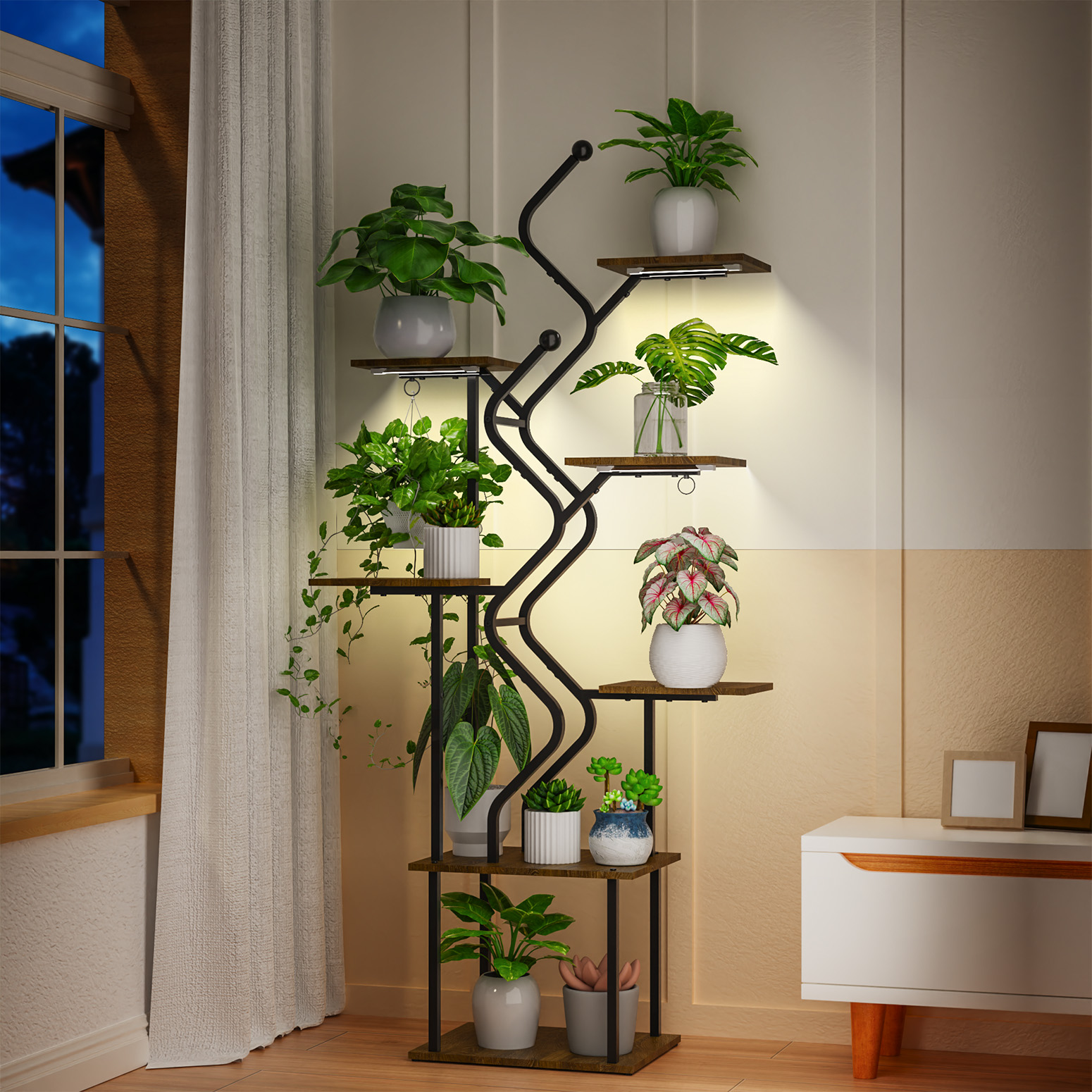 Bstrip 63 Inch 7-Tier Plant Stand with Grow Light, S-Shaped Corner Shelf with Hanging Hooks for Living Room & Patio