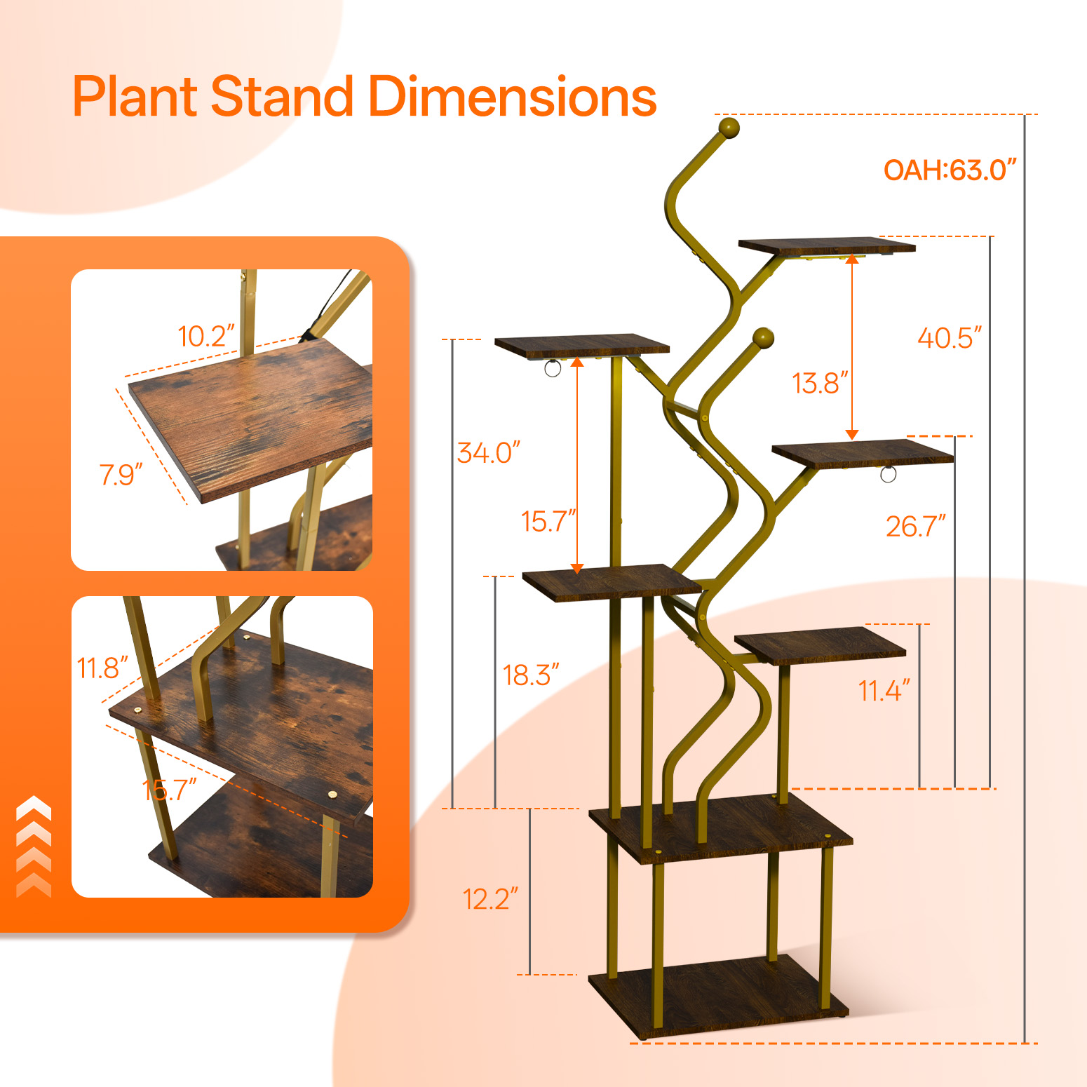 Bstrip 63 Inch 7-Tier Gold Plant Stand with Grow Light, S-Shaped Corner Shelf with Walnut Wood Panels and Hanging Hooks