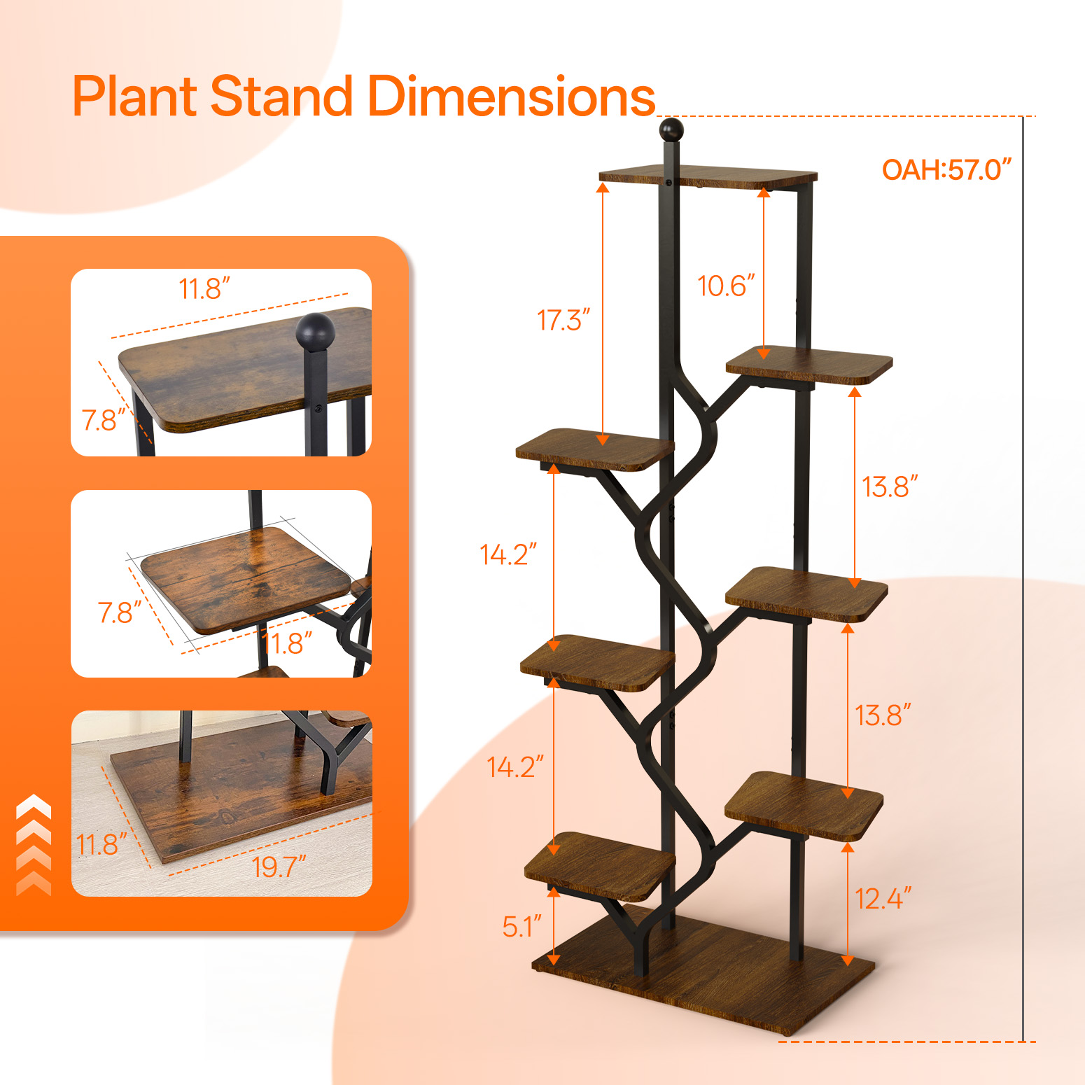 Bstrip 57 Inch 8-Tier Plant Stand with Grow Light, Wave-S Design Indoor Plant Shelf with Rust-Resistant Frame and Waterproof MDF