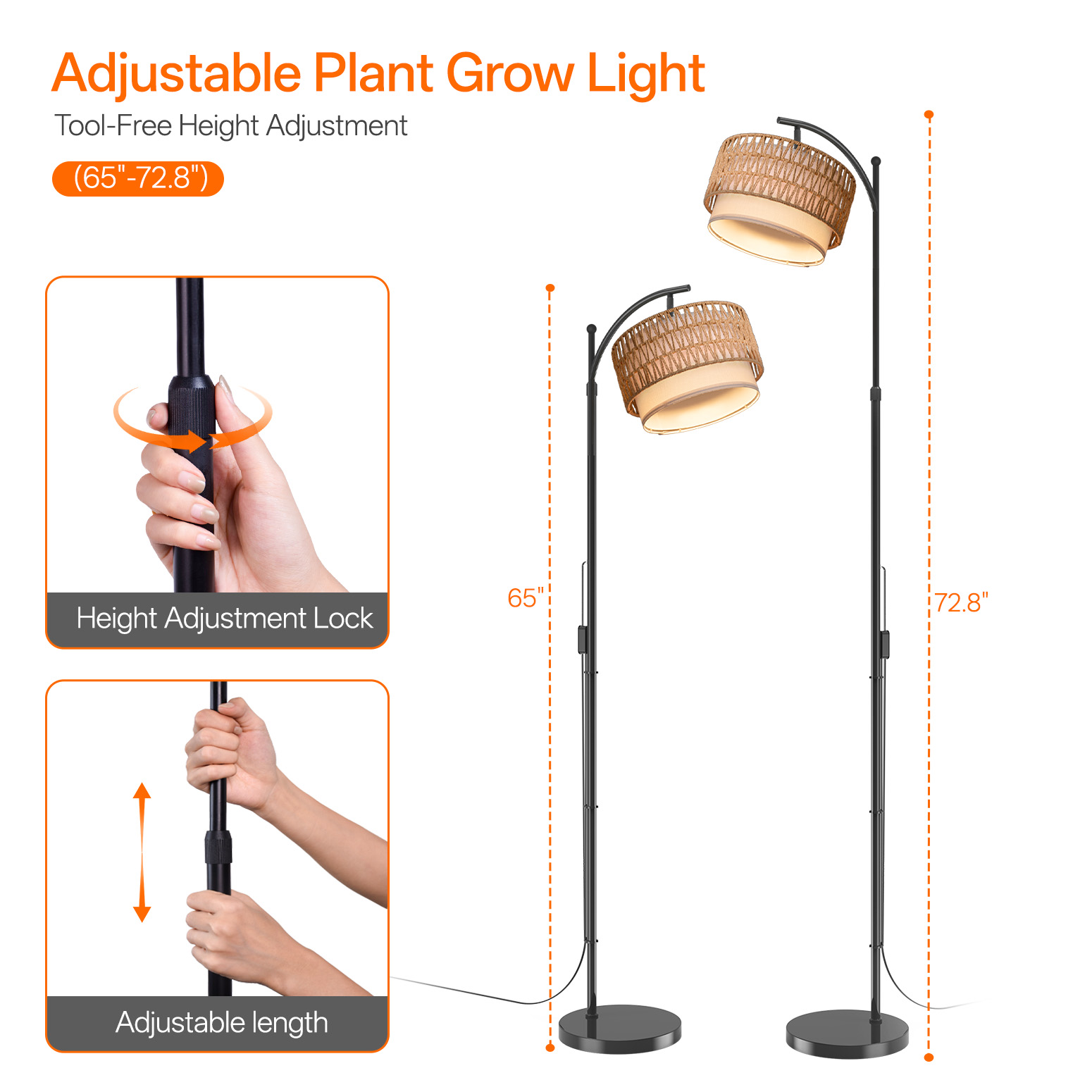 Bstrip 65-72.8 Inches Adjustable Floor Grow Light for Indoor Plants, Boho Rattan & Linen Shade Standing Lamp, 25W 3000K Full Spectrum LED Plant Light with Auto On/Off Timer, 3 Style Assembly Options