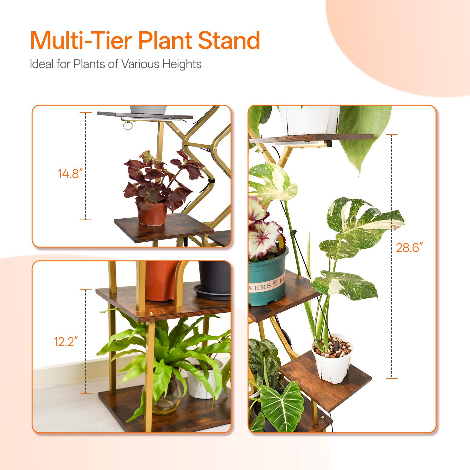 Bstrip 63 Inch 7-Tier Gold Plant Stand with Grow Light, S-Shaped Corner Shelf with Walnut Wood Panels and Hanging Hooks